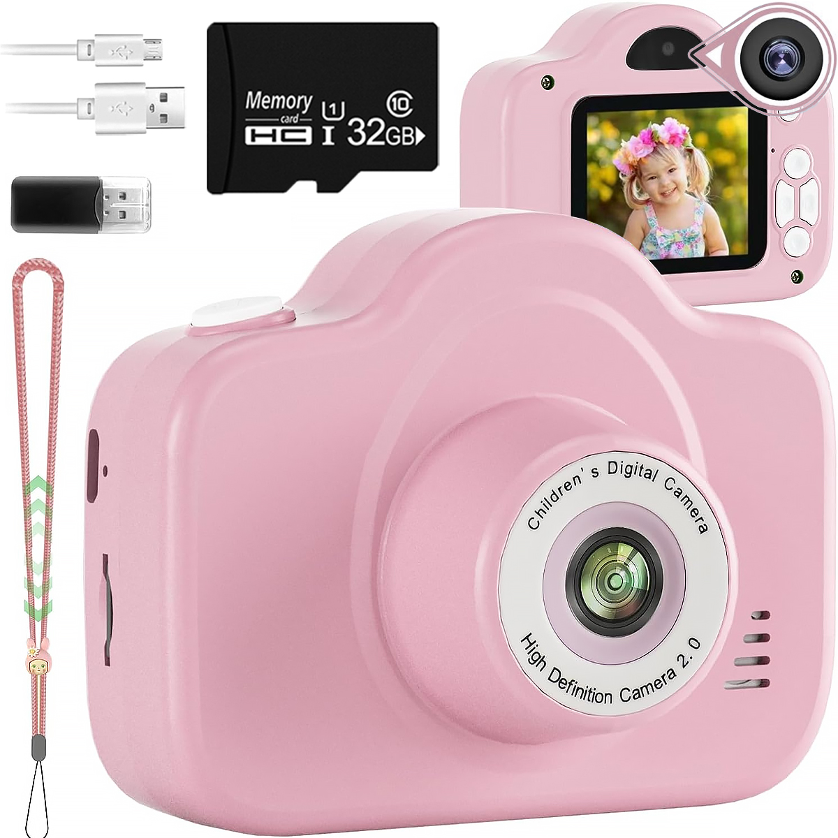 Fotocamera digitale rosa per bambini, accessori e foto sullo schermo.