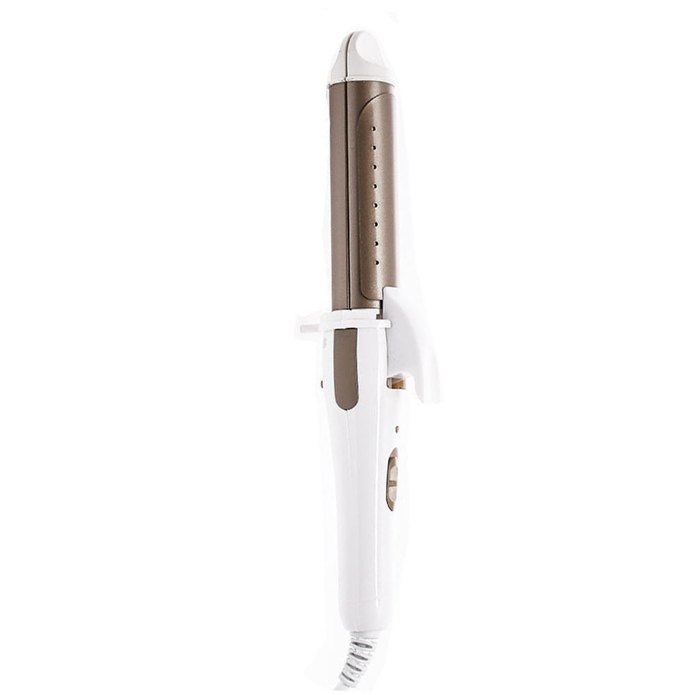 Ein weiß-braunes Lockenstab. Es hat einen Griff und ein Kabel. Der Stab ist vertikal.