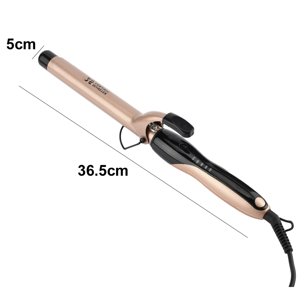 Ein goldfarbener Lockenstab, 36,5 cm lang, auf weißem Hintergrund. Die Spitze ist 5 cm lang.