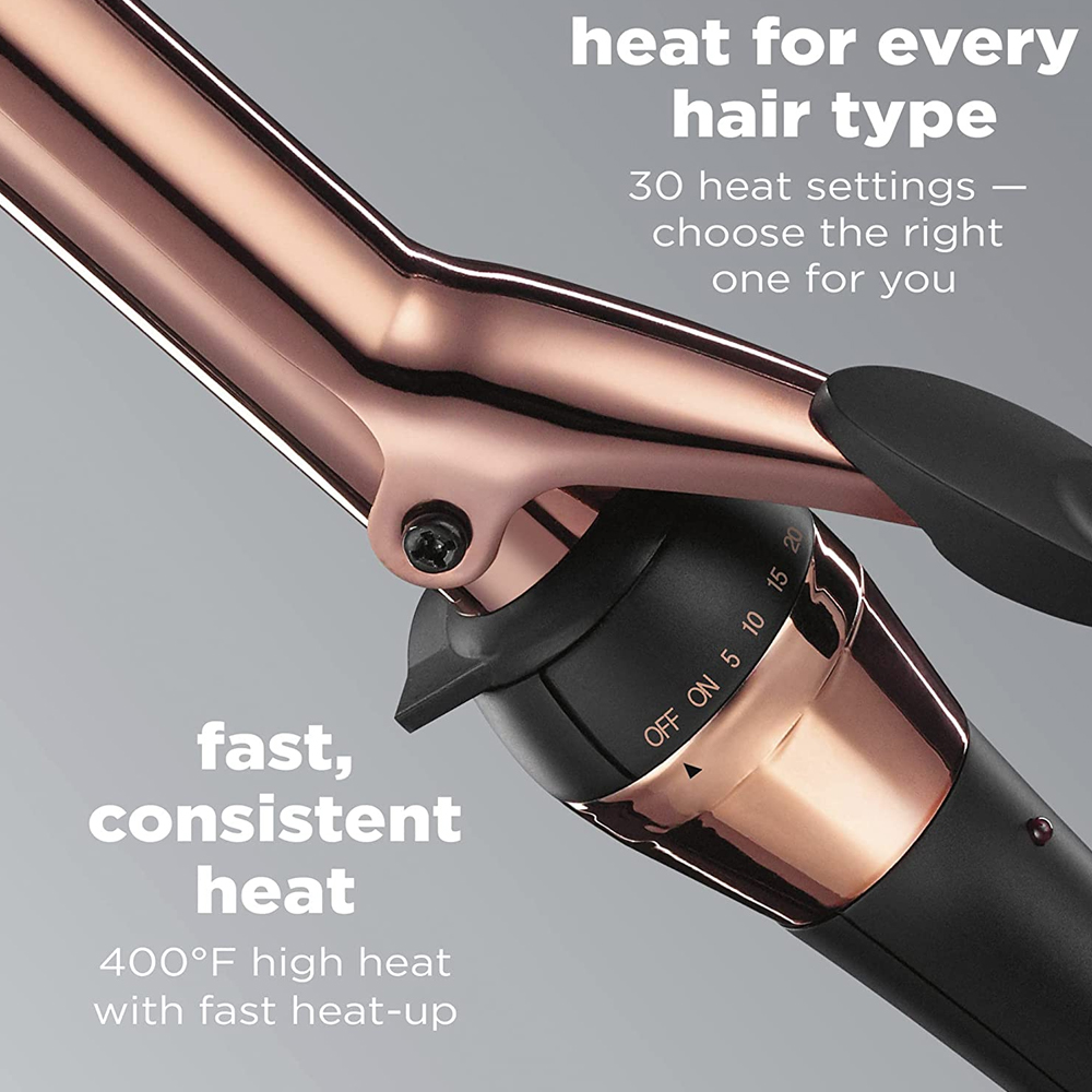 Lockenstab mit Temperatureinstellungen. Roségoldenes Design mit schwarzem Griff.