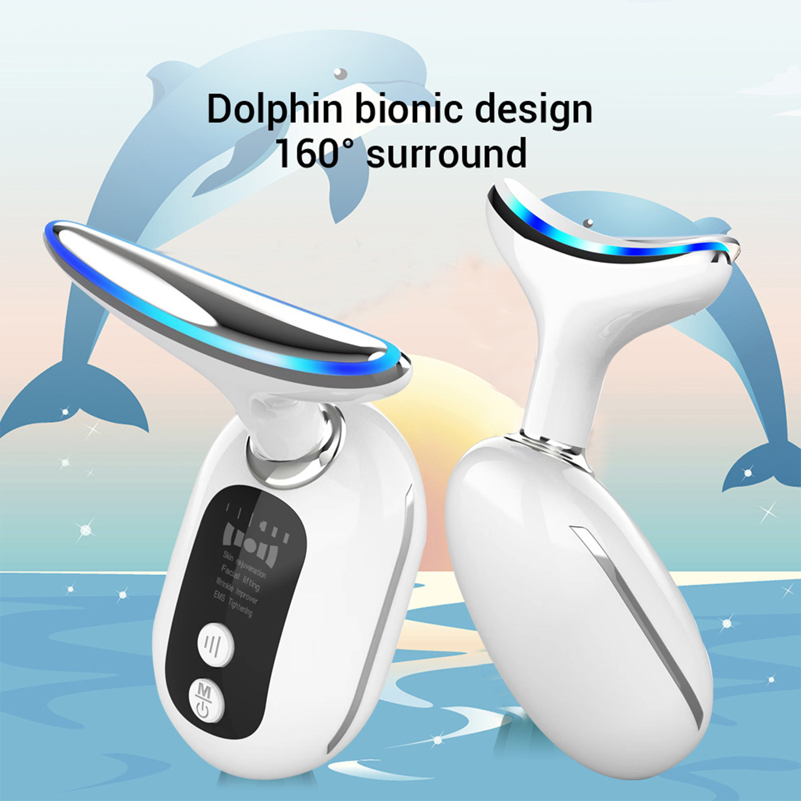 Zwei weiße Gesichtsmassagegeräte mit blauen Lichtern, vor einem Delfin- und Wasserhintergrund.