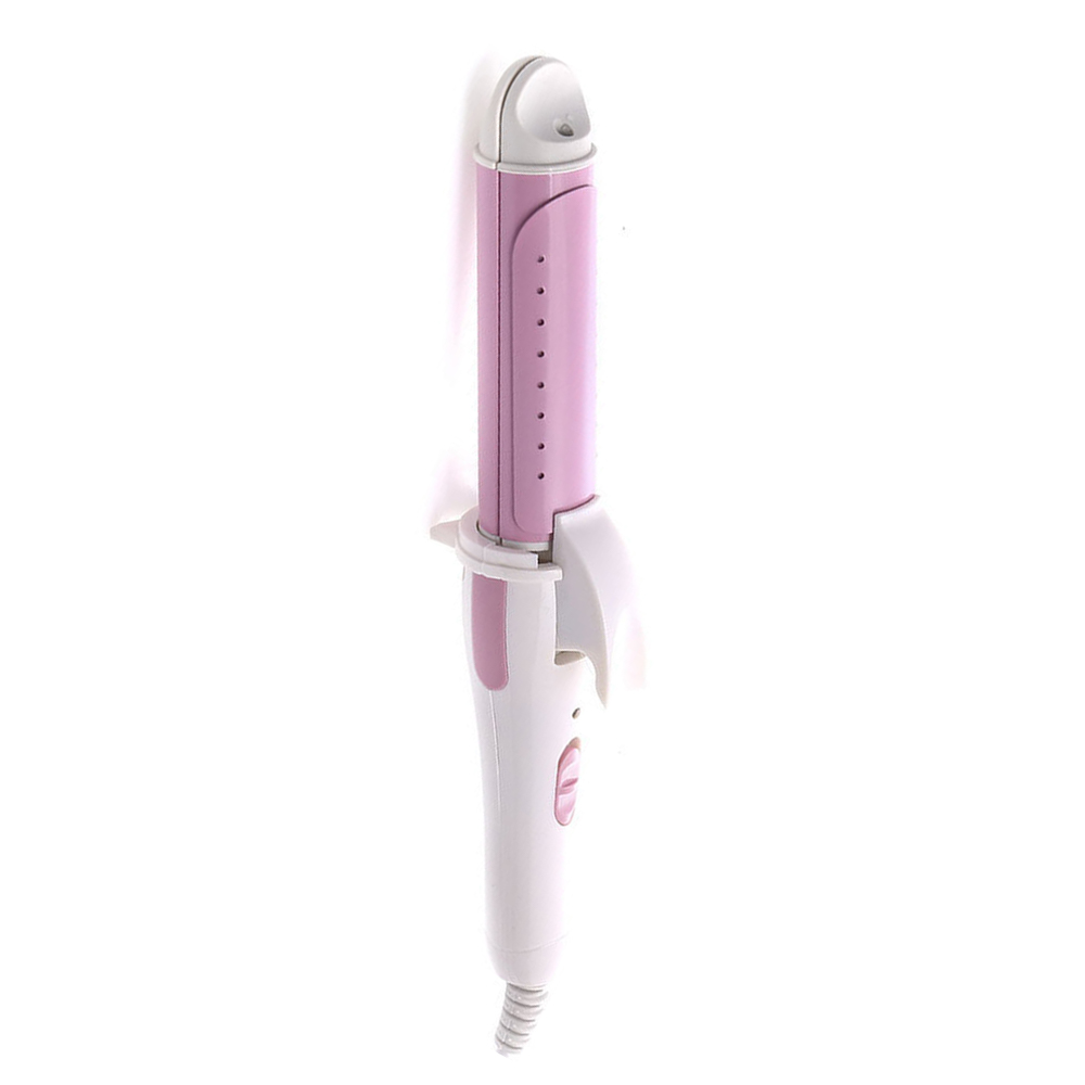 Ein weißer und rosa Haarlockenstab, aufrecht vor einem weißen Hintergrund. Es hat rosa Akzente.