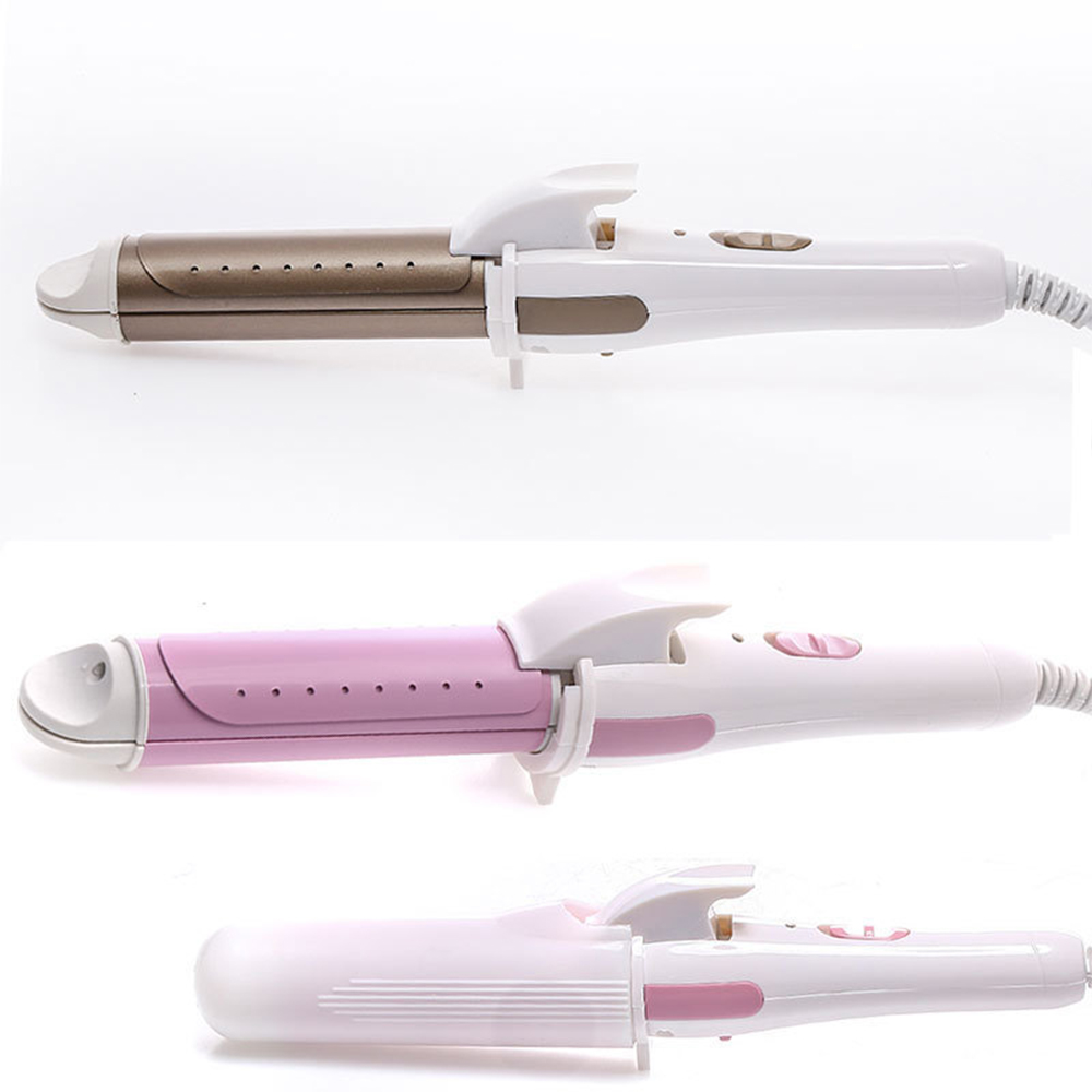 Haarcurler mit gold- und rosafarbenen Läufen, weißen Griffen. Drei Ansichten zeigen verschiedene Farben.
