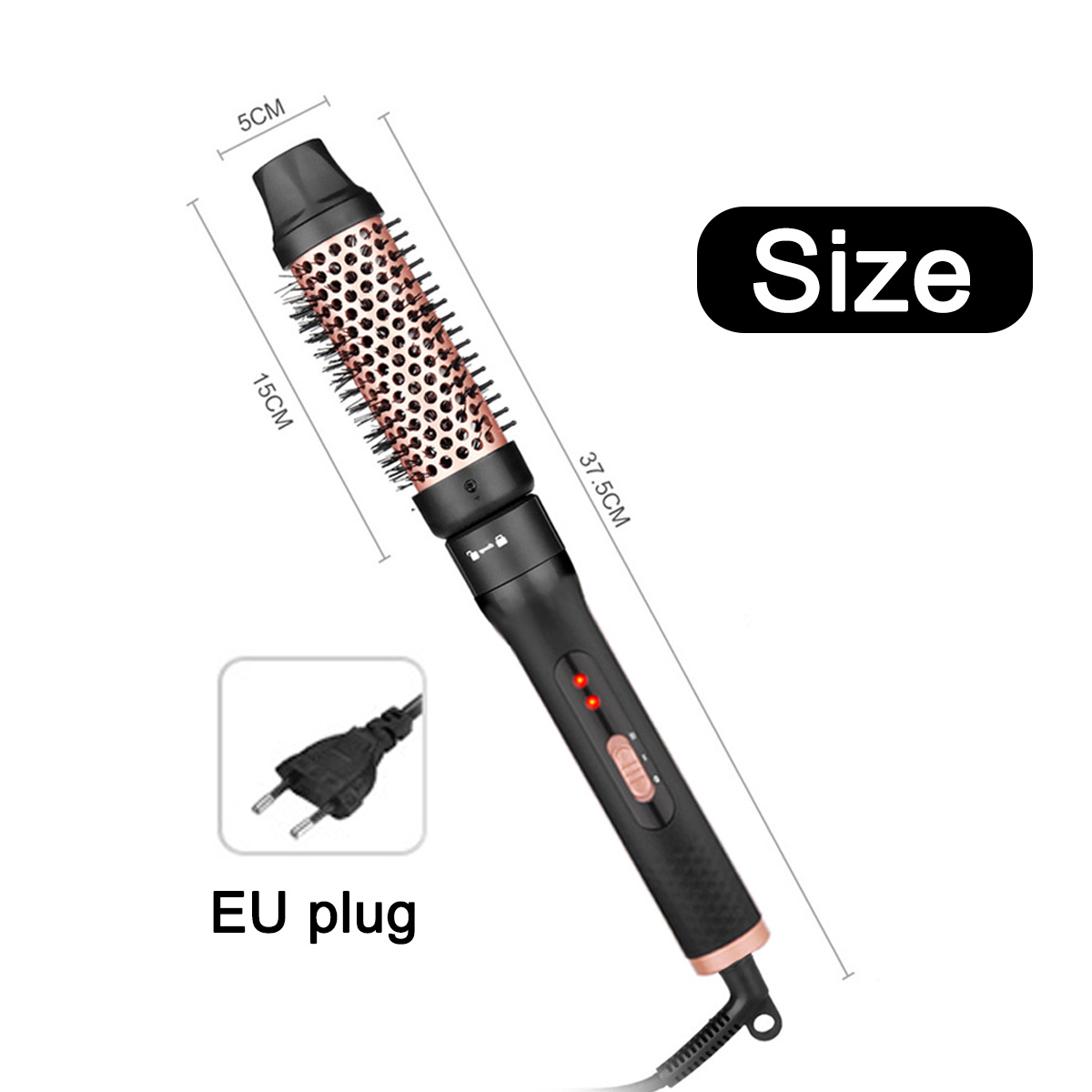Haarstylingbürste mit schwarzem Griff, roségoldenen Akzenten und EU-Stecker.