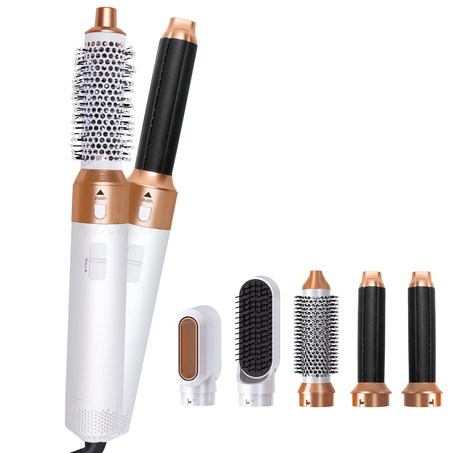 Weißer und roségoldener Haarstyler mit Aufsätzen, mehrere Winkel, weißer Hintergrund.