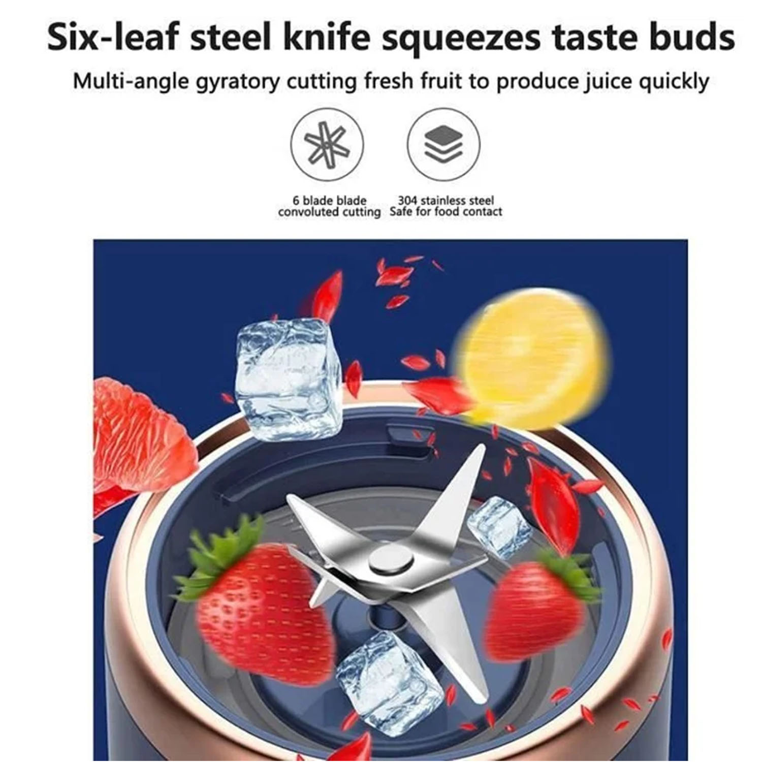 Mixer mit Obst und Eis, ein Messer und Text oben. Zutaten sind sichtbar.