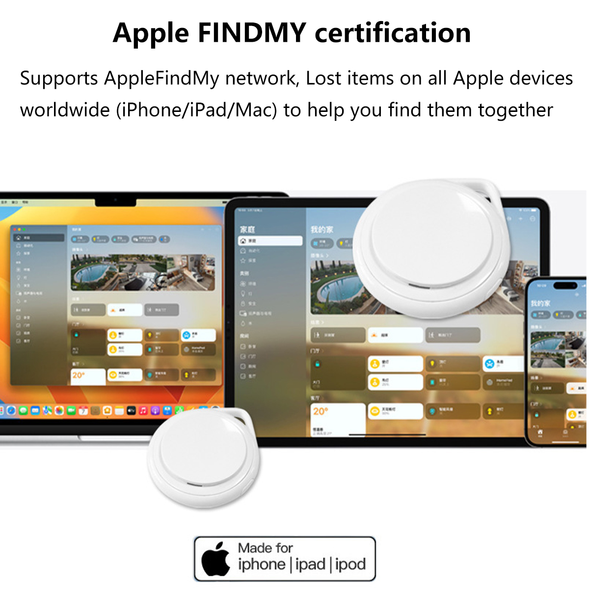 Apple Find My Gerät. Weißes Gerät mit Schlüsselringen. iPhones und iPads gezeigt. Weißer Hintergrund.