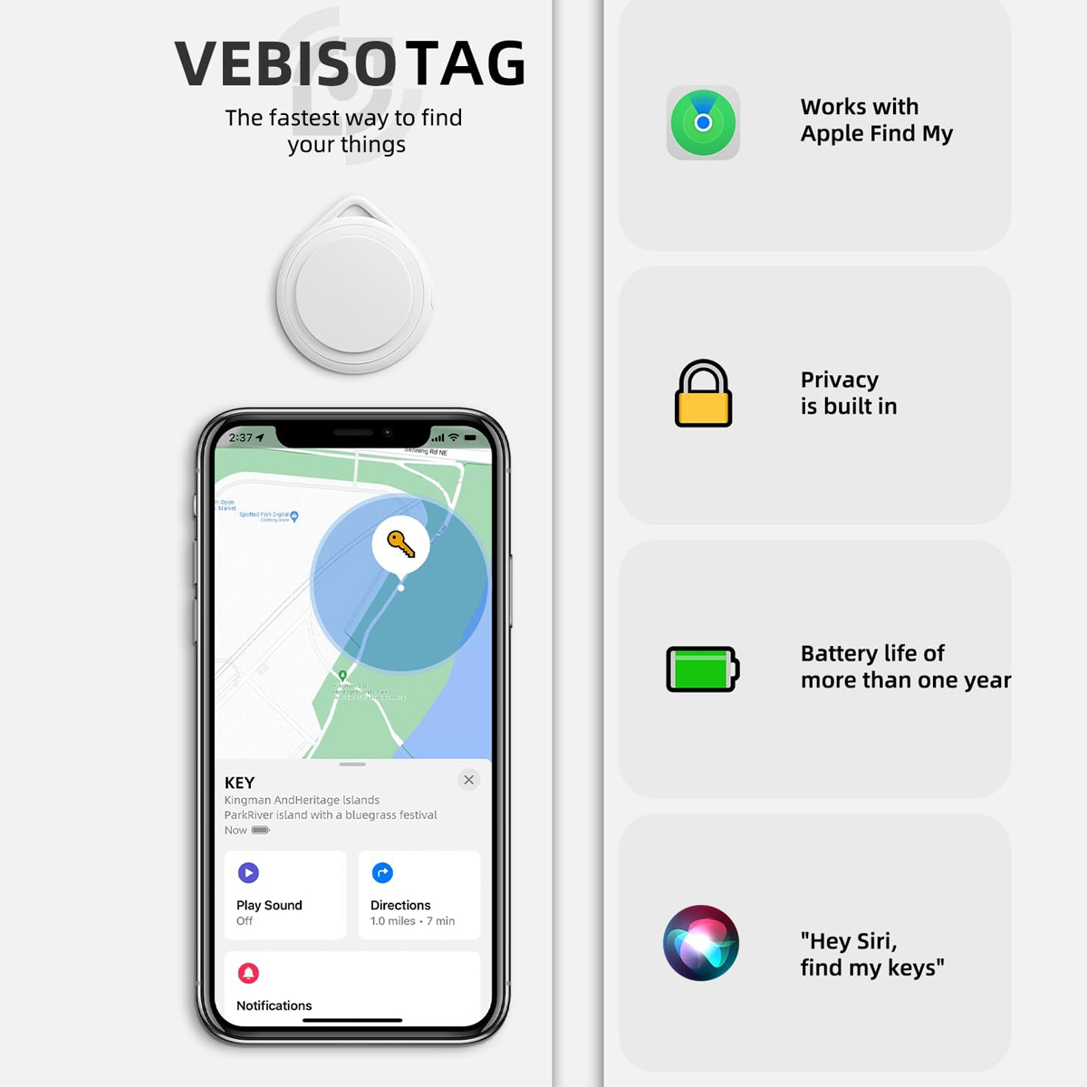 Ein weißer Anhänger mit einem weißen Kreis, mit einem Telefon, das eine Karte anzeigt. Text: VEBISO TAG.