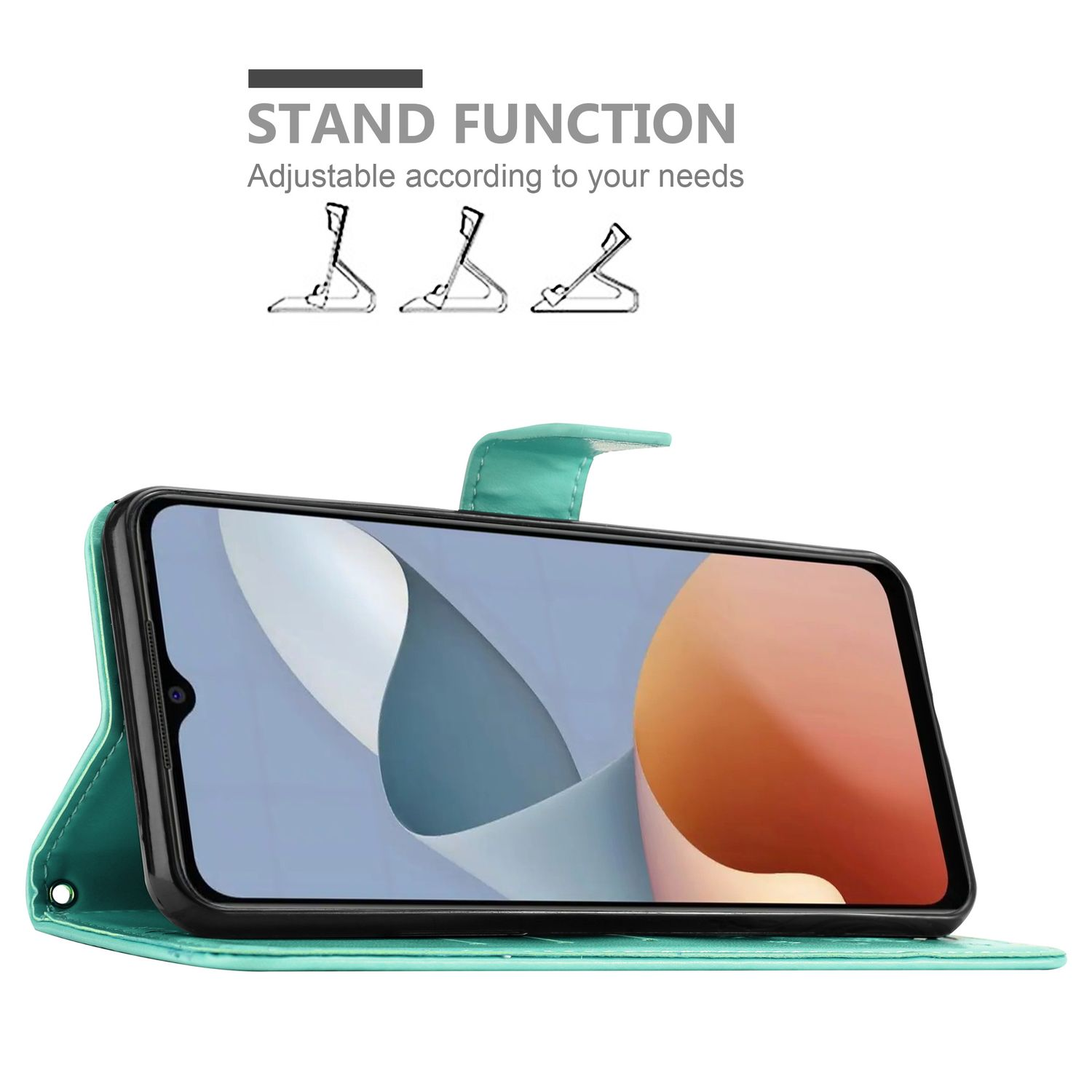 Türkisfarbene Handyhülle mit Telefon darin. Ständerfunktion gezeigt. Text: Standfunktion. Einstellbar.