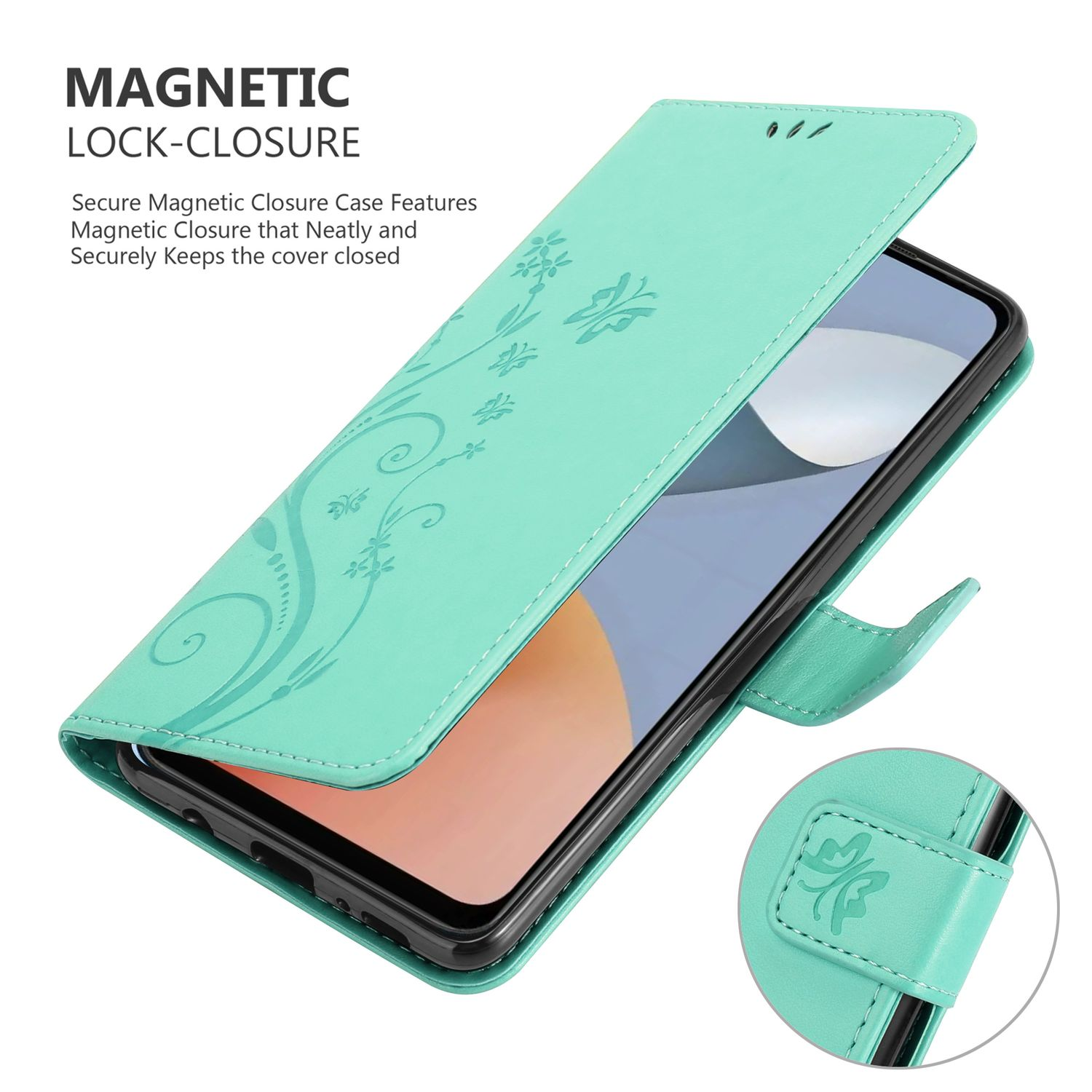 Eine tealfarbene Handyhülle mit floralem Design ist geöffnet und zeigt einen Telefonbildschirm. Eine kleine Klappe sichert die Hülle.