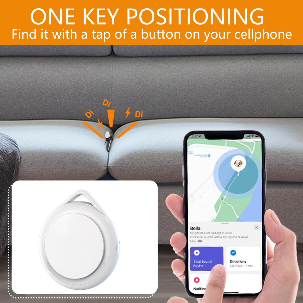Ein weißes Gerät mit einer Hand, die ein Telefon mit einer Karte und einem Hunde-Icon hält. Text: "ONE KEY POSITIONING"