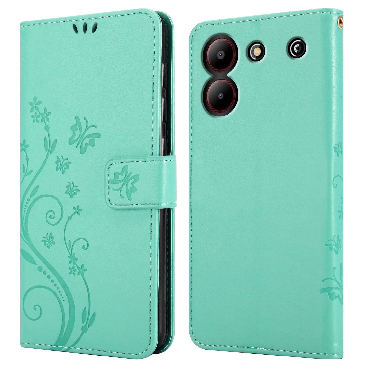 Eine hell türkisfarbene Handyhülle. Offen, mit Telefon und geschlossene Hülle mit Schmetterlings- und Blumendesign.