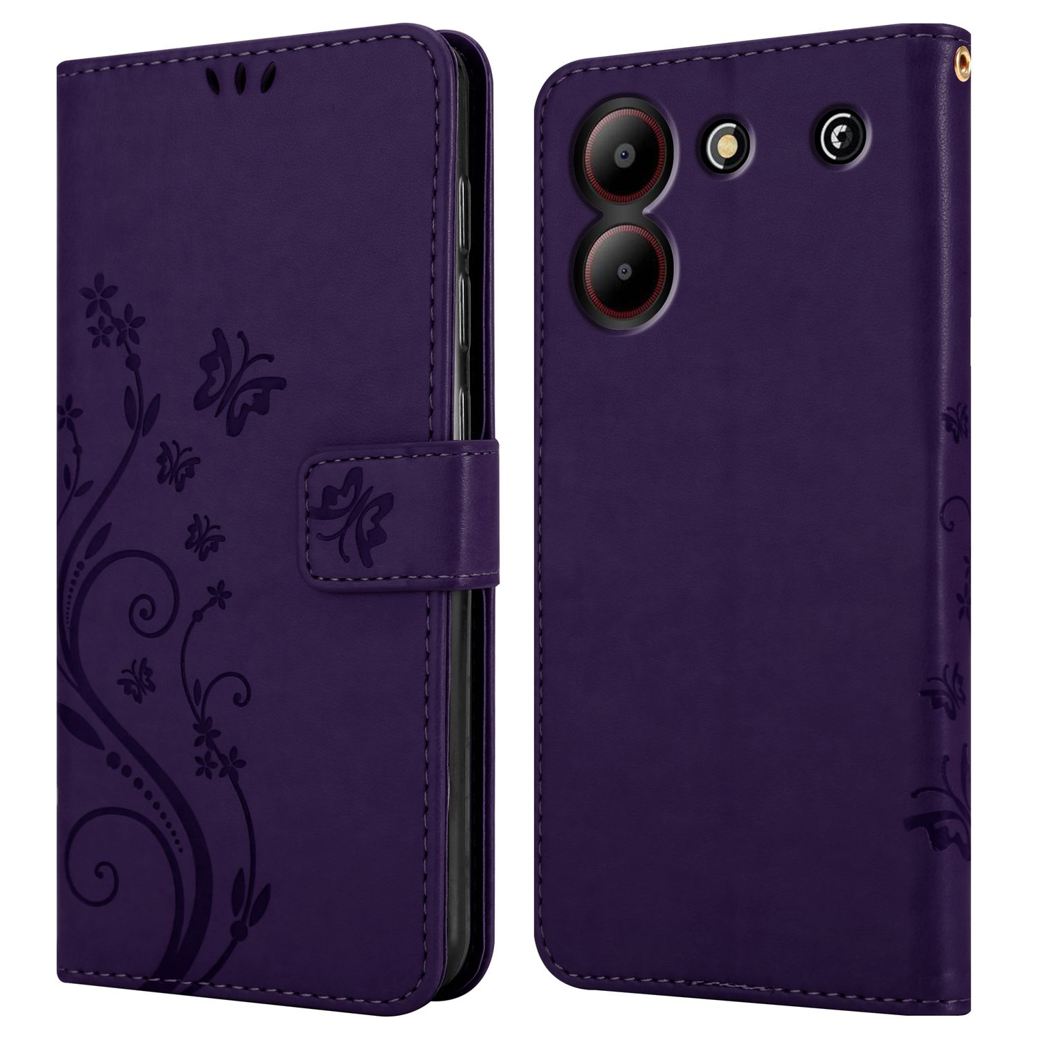 Lila Handyhülle, Schmetterlingsdesign, offen und geschlossen. Telefon mit Dreifachkamera sichtbar.