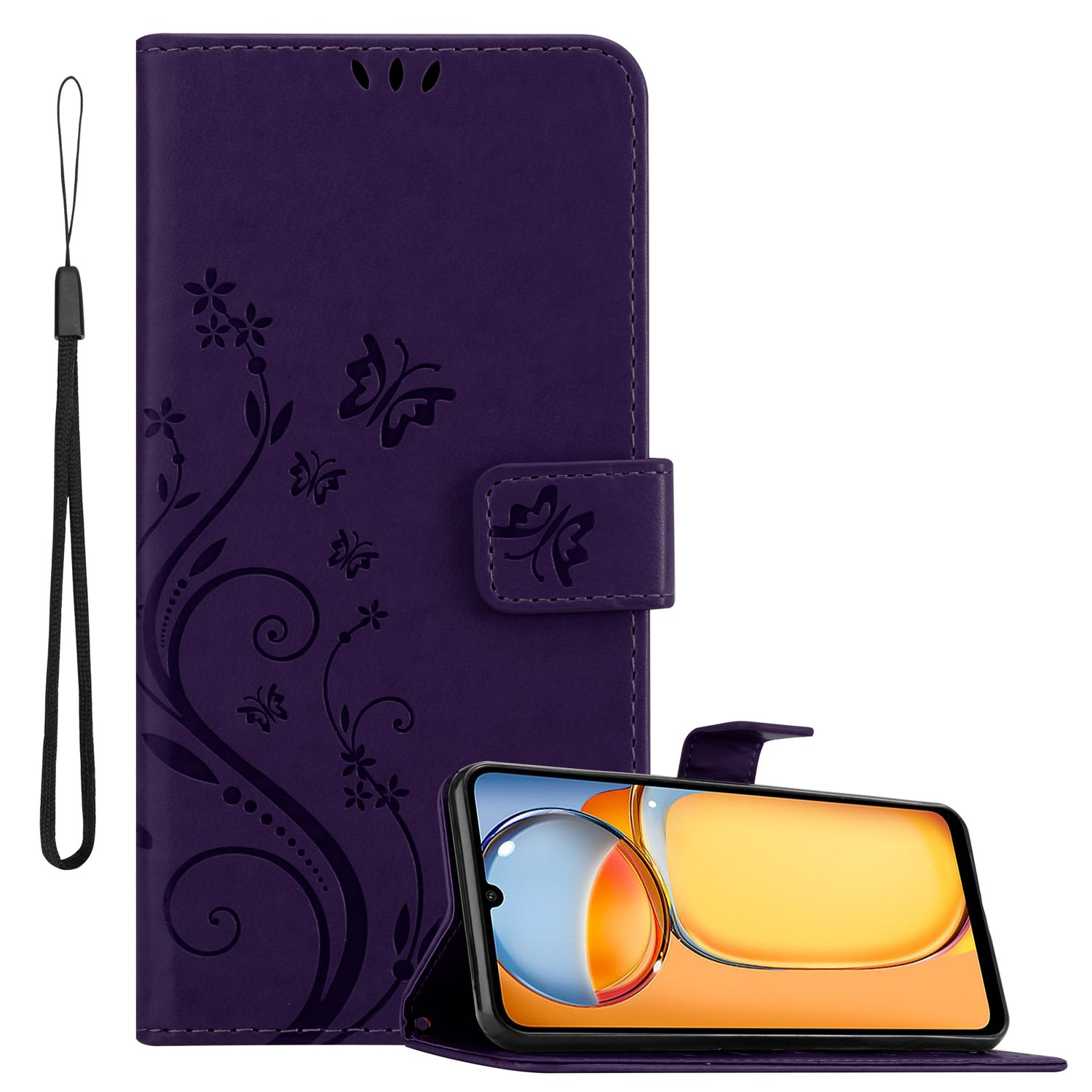 Lila Handyhülle mit Telefon, Blumendesign und Handschlaufe.