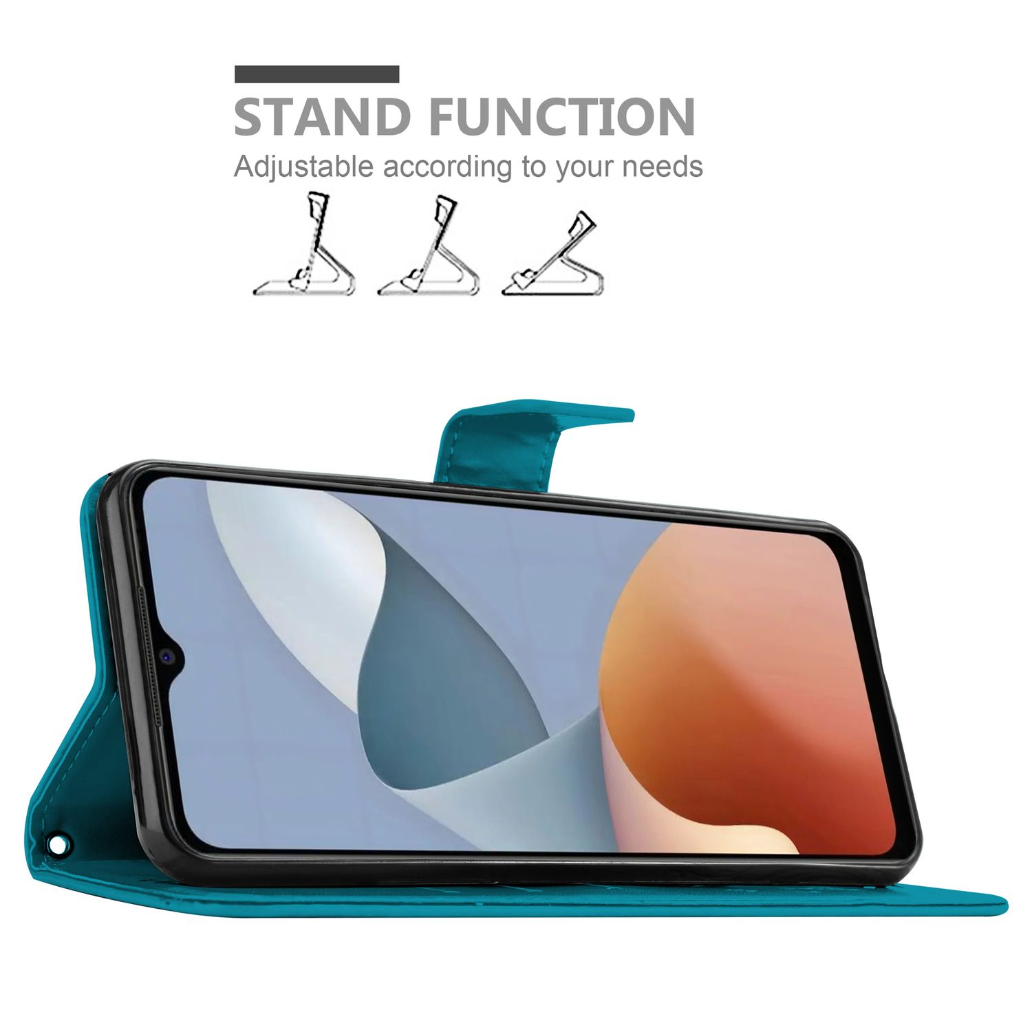Eine türkisfarbene Handyhülle mit Telefon. Text: Standfunktion, anpassbar an Ihre Bedürfnisse.