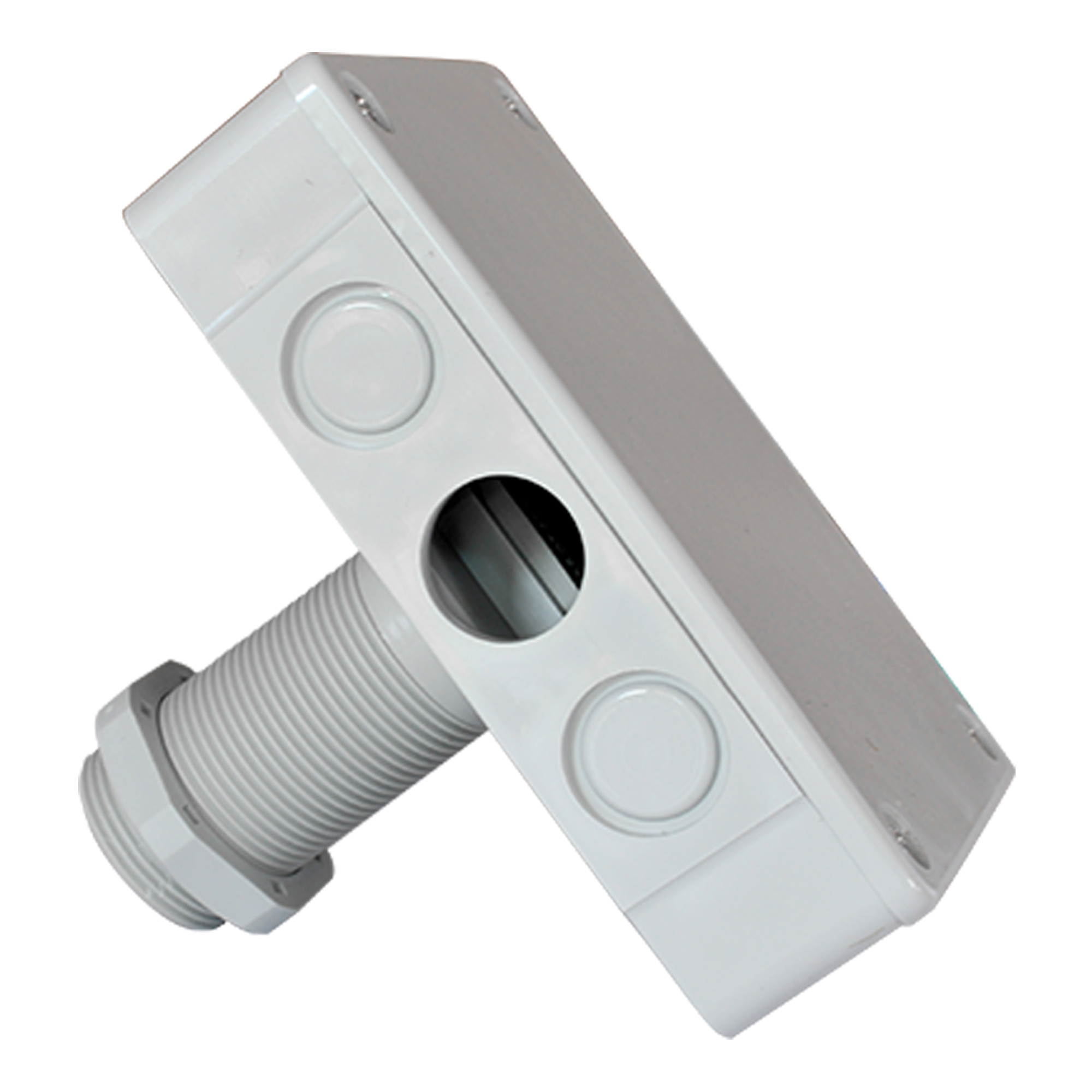 Eine graue elektrische Box. Sie hat kreisförmige Öffnungen und einen Gewinderohrverbinder.
