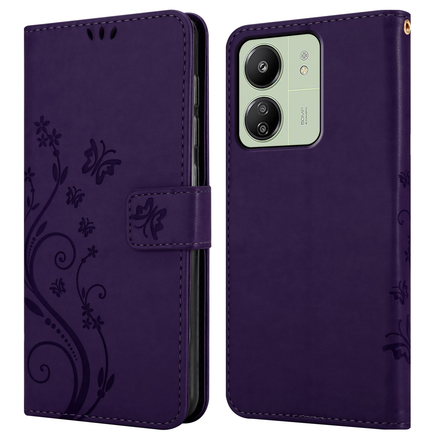 Lila Handyhülle mit Blumendesign und Dual-Kamera-Ausschnitten, rechts offen.