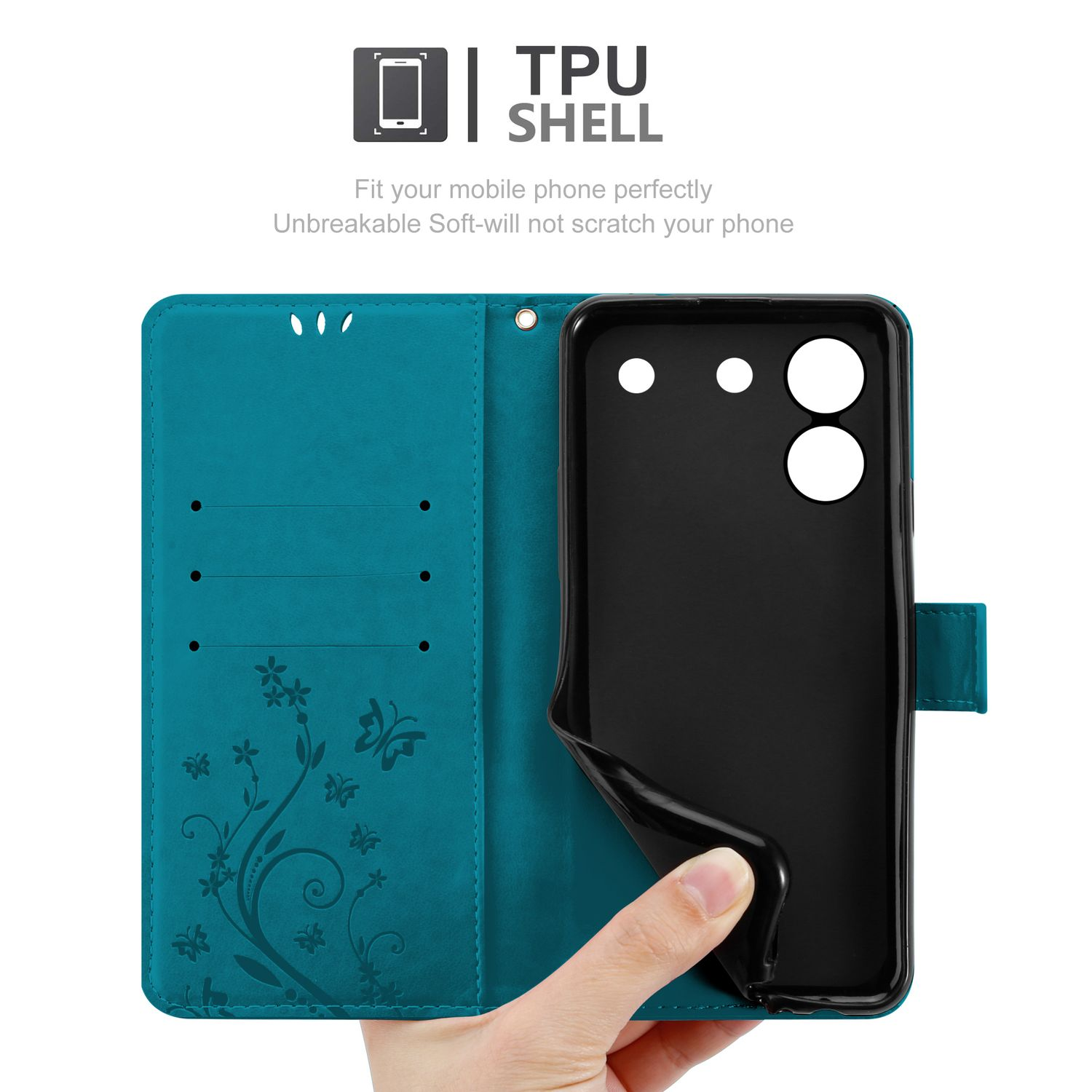 Türkisfarbene Handyhülle offen, zeigt ein schwarzes Telefon. Blumendesign auf der Hülle. Text: TPU Shell.