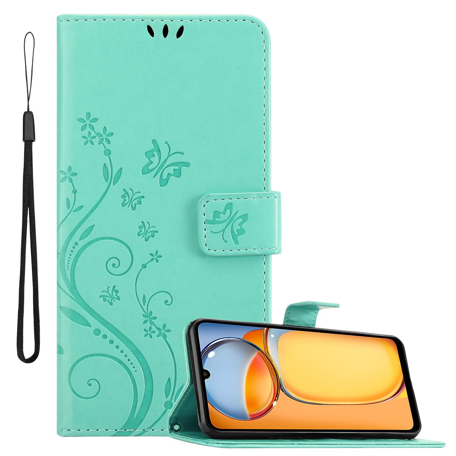 Türkisfarbene Handyhülle mit Blumendesign, geöffnet mit Telefon. Gurt links.