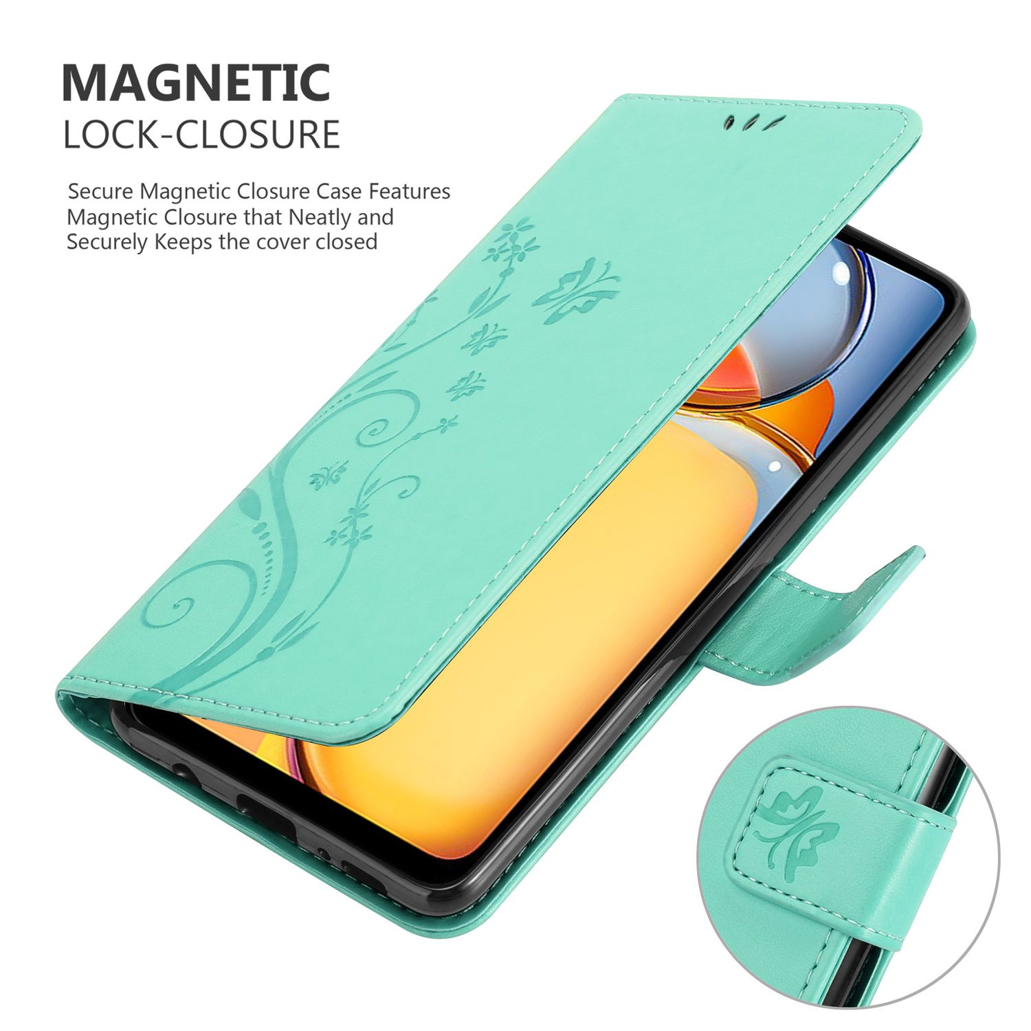 Türkisfarbene Handyhülle mit floralem Design und Magnetverschluss. Telefon sichtbar.