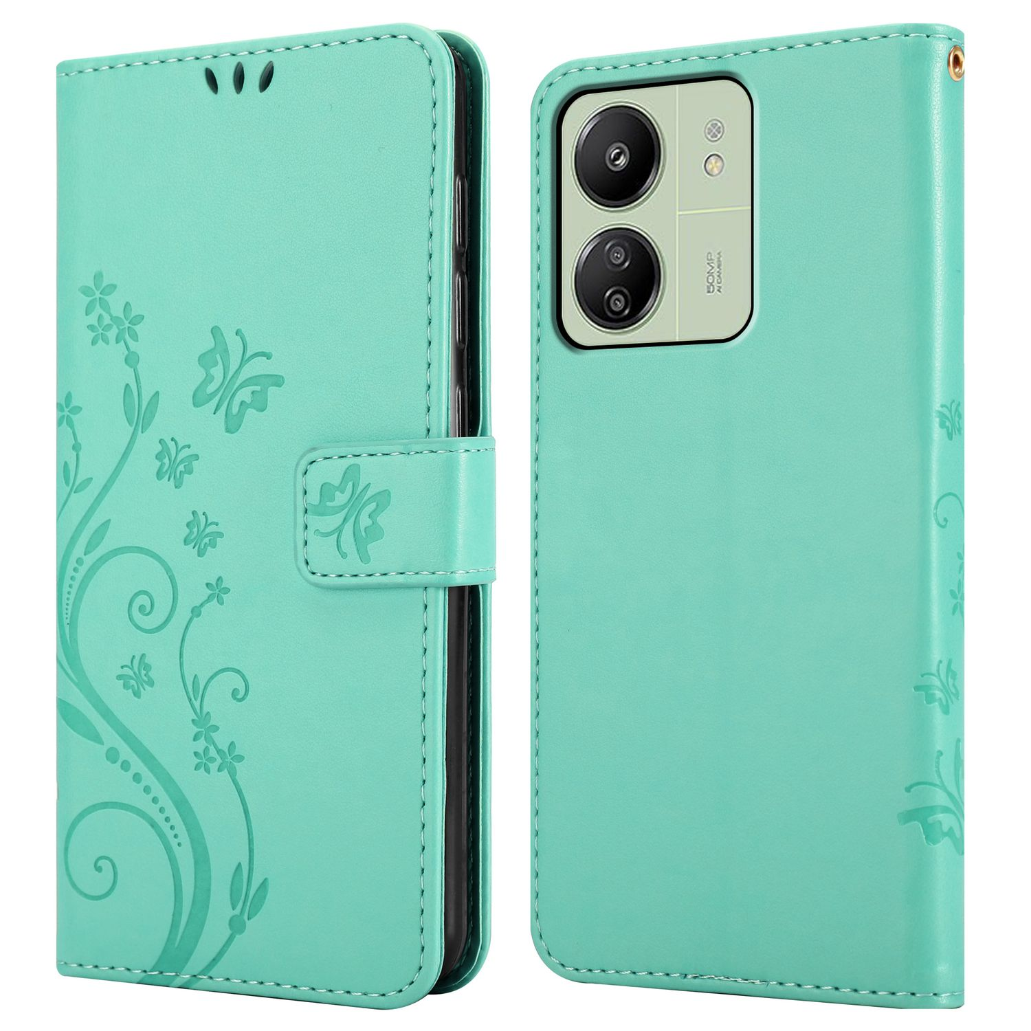 Eine türkisfarbene Handyhülle, offen, um das Telefon zu zeigen. Schmetterlings- und Blumenmuster sind auf der Hülle.