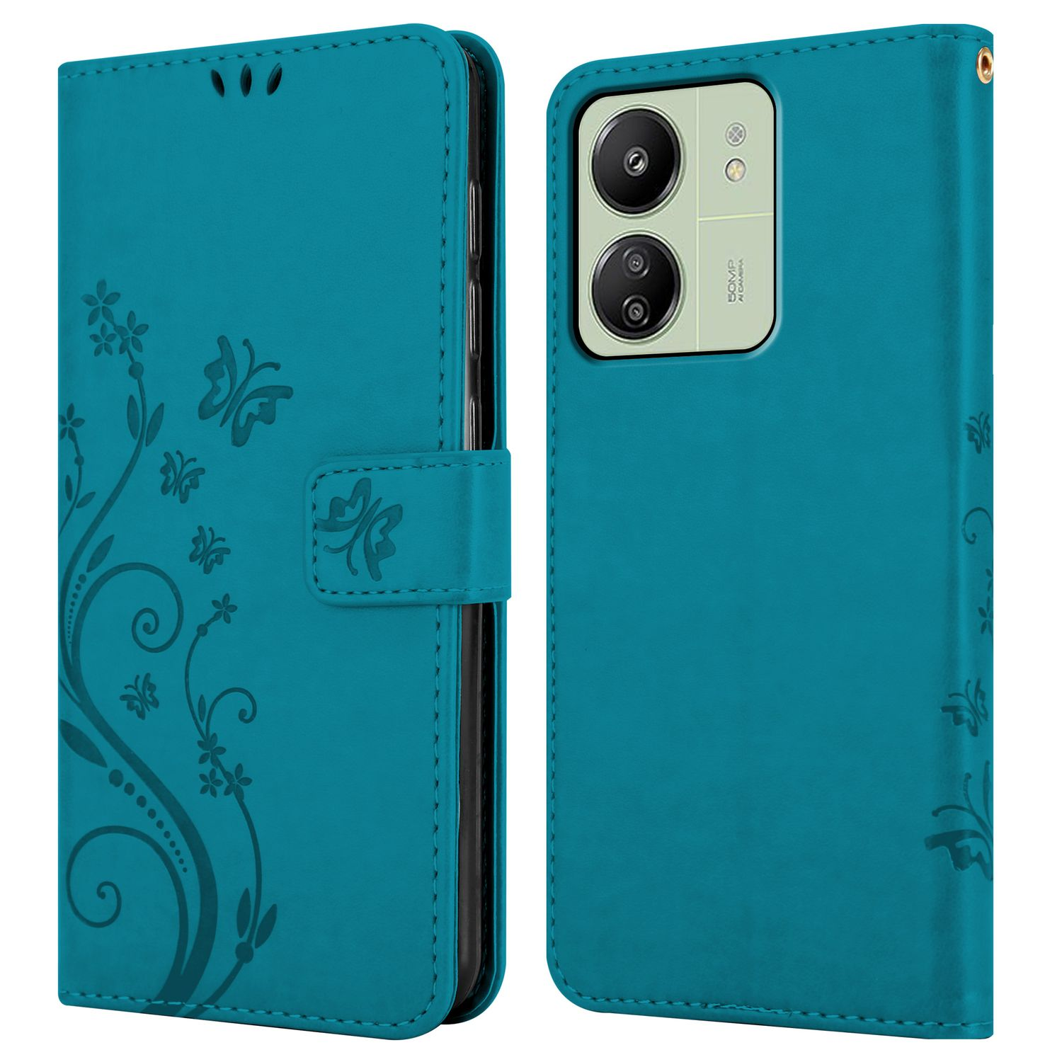 Türkisfarbene Handyhülle mit Schmetterlingsdesign, geöffnet, um ein Telefon zu zeigen. Inklusive Verschluss.