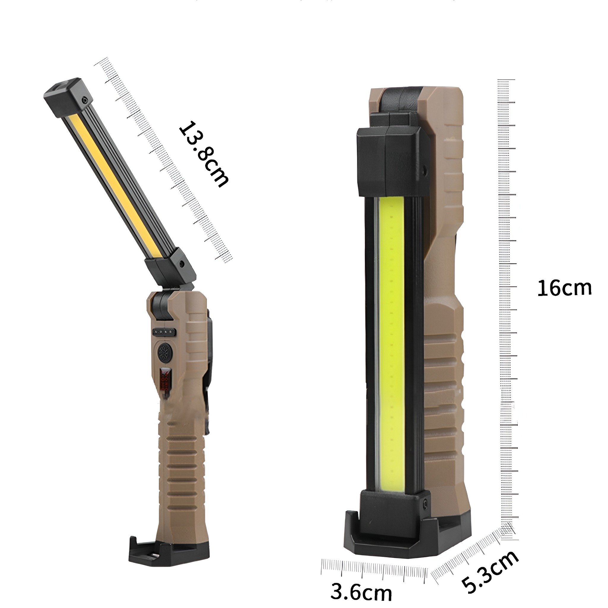 Zwei Taschenlampen, eine abgewinkelt und eine stehend, mit beschrifteten Abmessungen. Die Taschenlampen sind braun und schwarz.