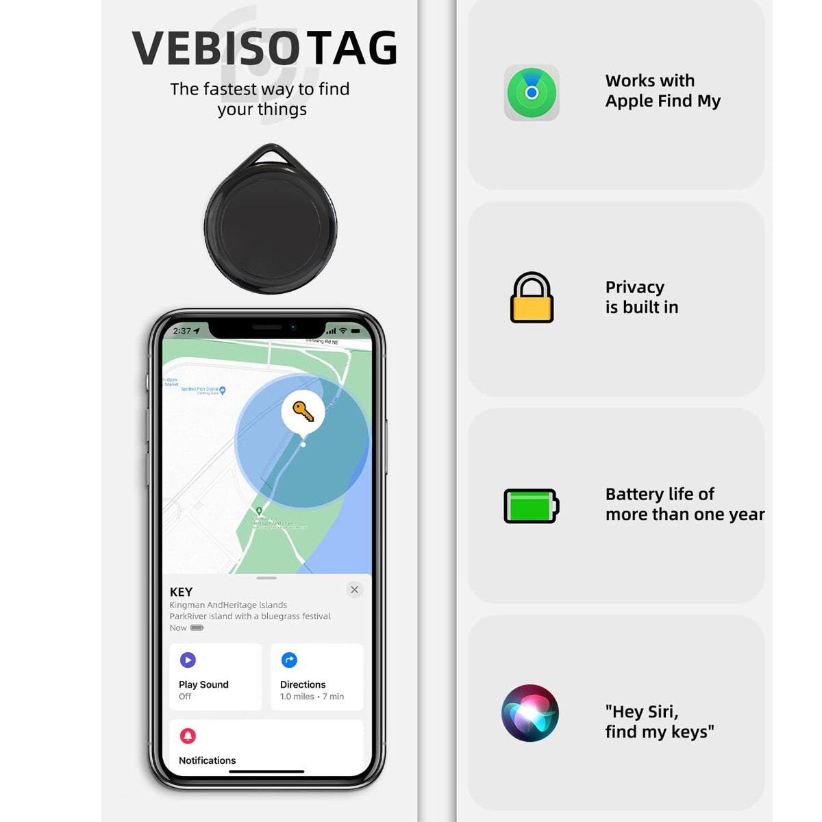 Schwarzer VeBiso-Tag mit Telefon, das eine Karte zeigt. Symbole und Texte beschreiben Funktionen.