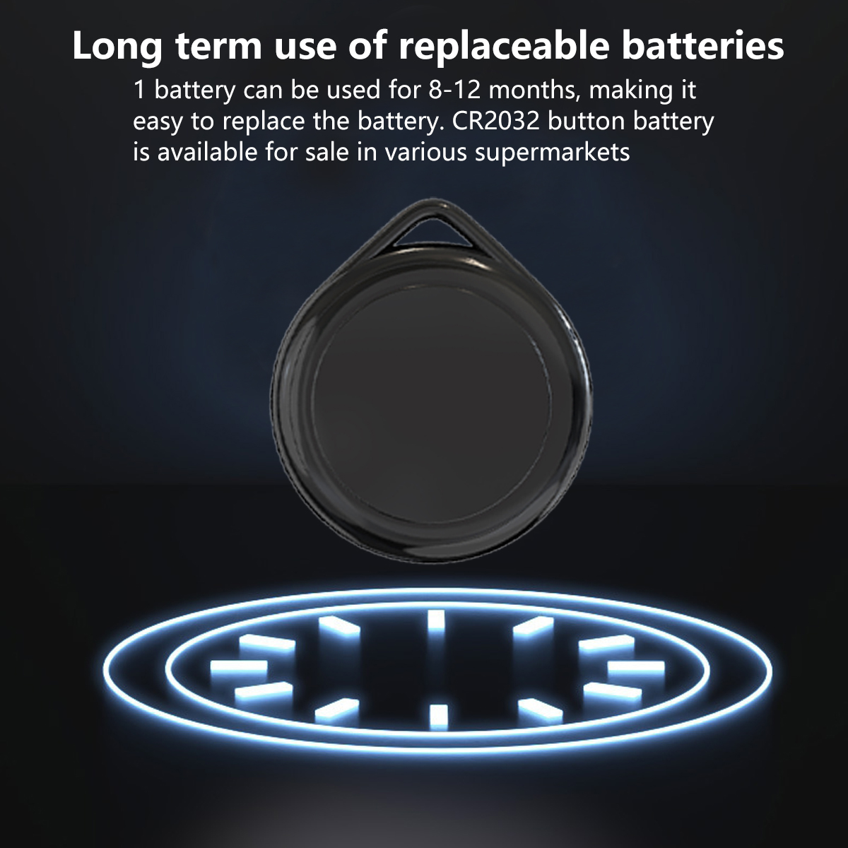 Schwarzes kreisförmiges Gerät mit Schlaufe. Text: austauschbare Batterie für 8-12 Monate.