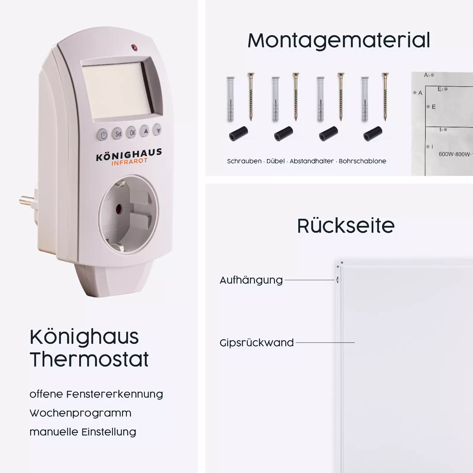 Weißes Thermostat mit Digitalanzeige und Steckdose; Montagematerial und Text sind abgebildet.