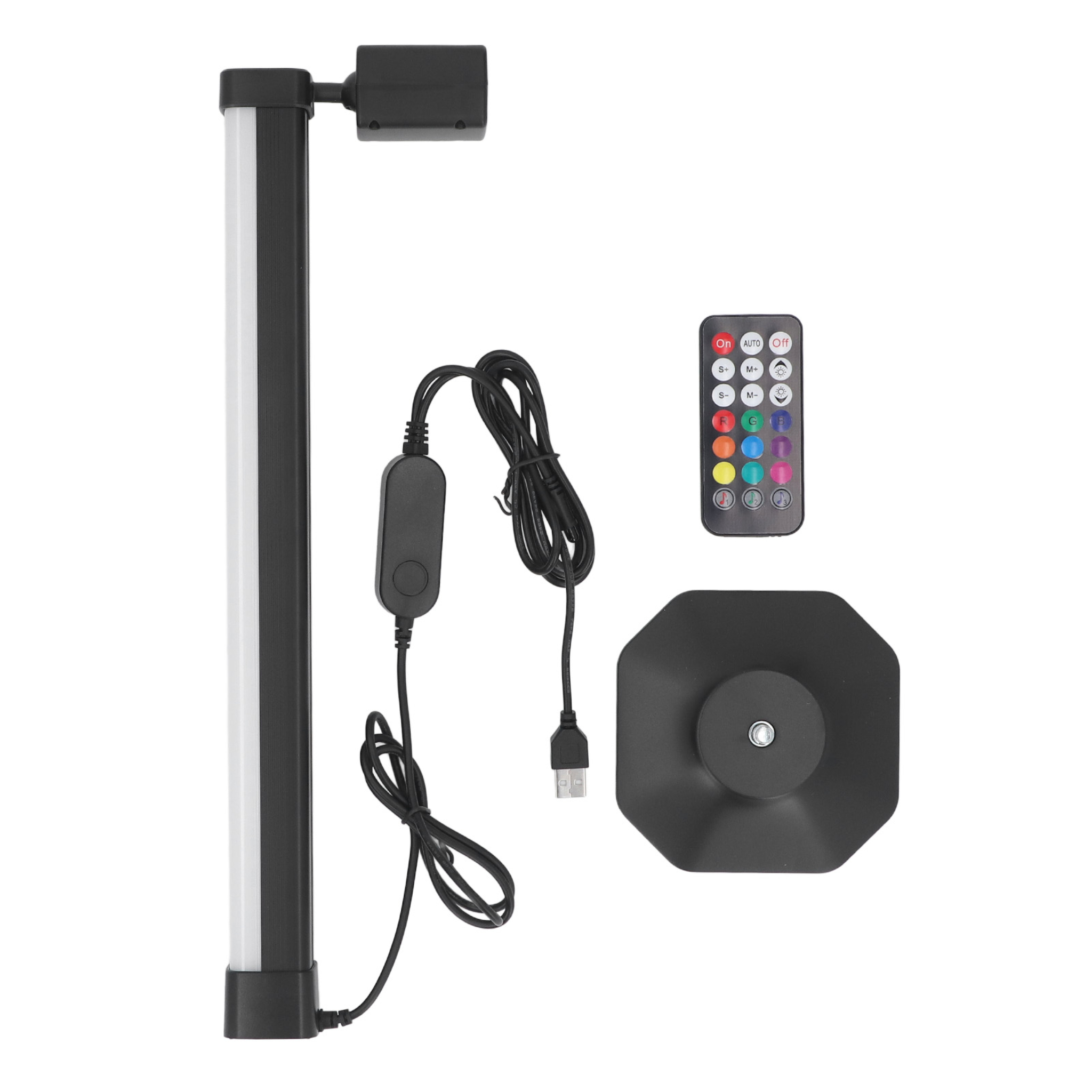 LED-Lampe mit Ständer und Fernbedienung, mit schwarz-weißem Design.