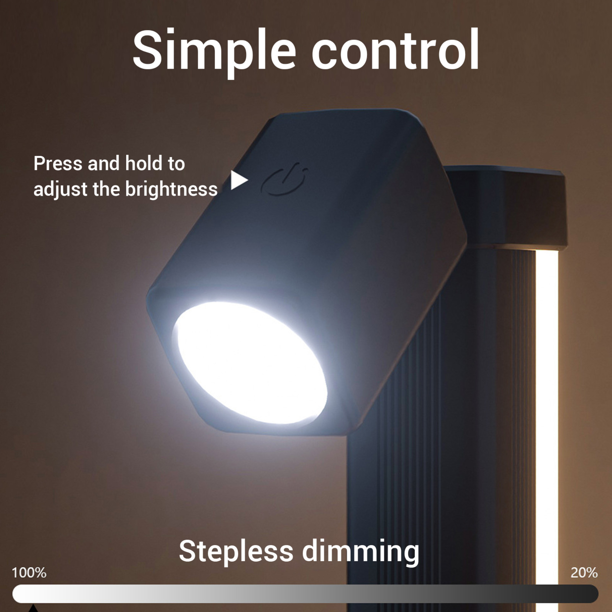 Schreibtischlampe mit Dimmsteuerung. Ein Lichtbalken und ein kreisförmiges Licht sind sichtbar.