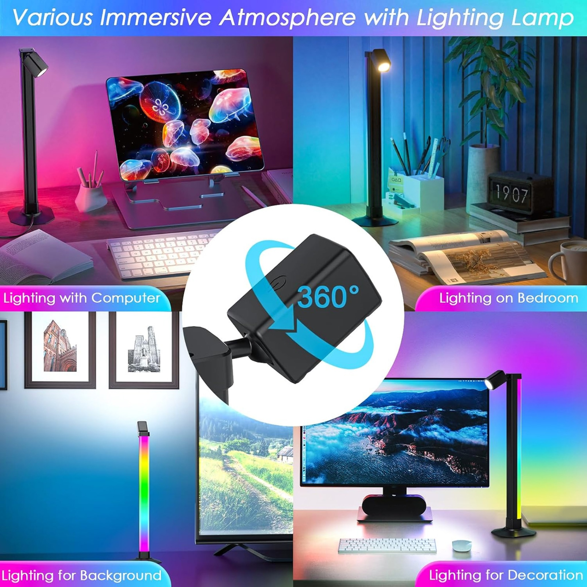 Verschiedene Beleuchtungsaufbauten, einschließlich einer Lampe und eines Laptops, für verschiedene Szenarien verwendet.