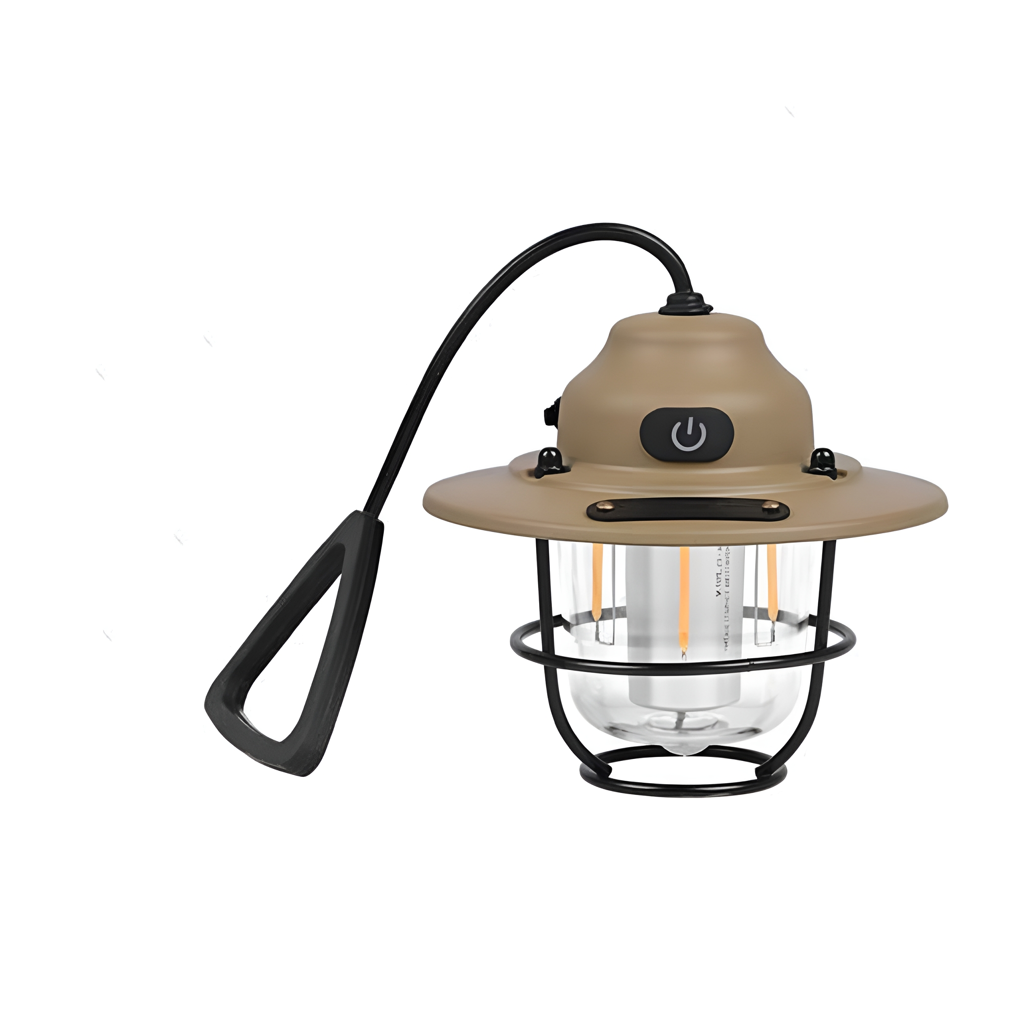 Campinglaterne im Retro-Stil mit braunem Oberteil, schwarzem Griff und Glas, das eine Glühbirne zeigt.