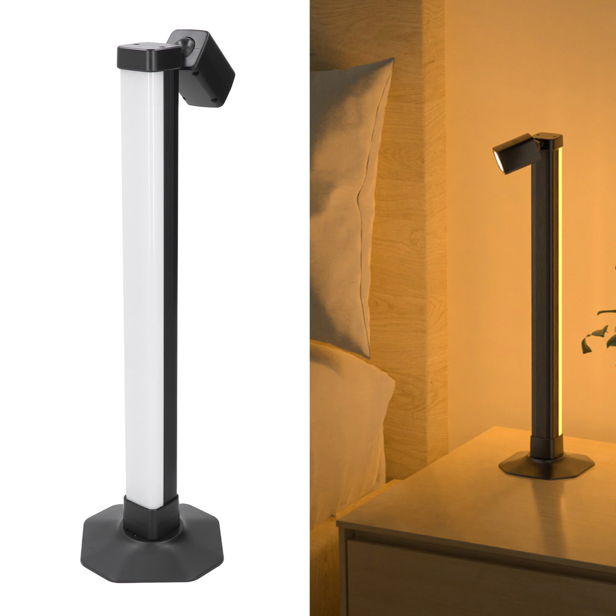 Zweiteilige schwarz-weiße Nachttischlampe. Ein Teil der Lampe ist abgewinkelt.