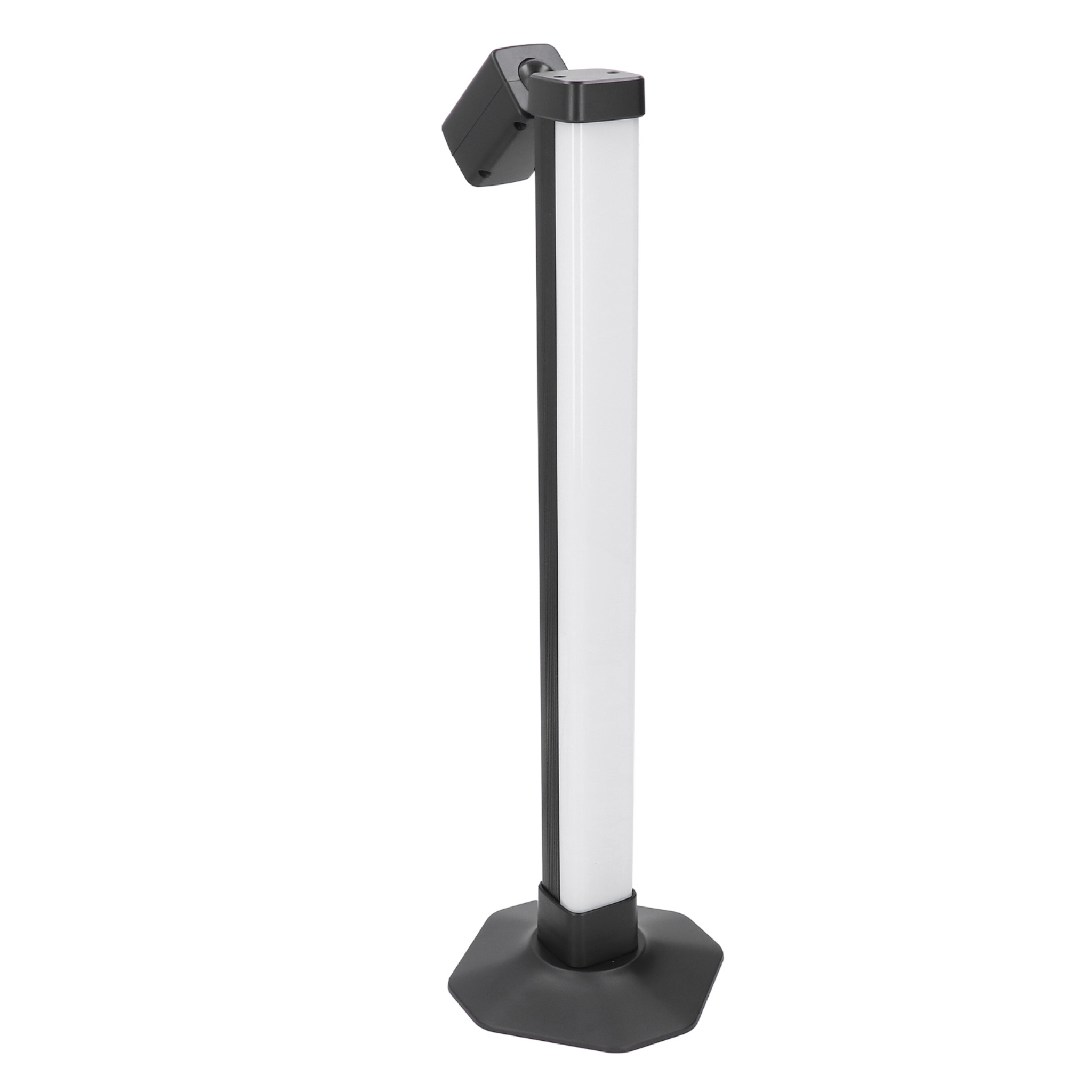 Eine hohe schwarz-weiße Lichtsäule mit schwarzem Sockel, isoliert vor weißem Hintergrund.