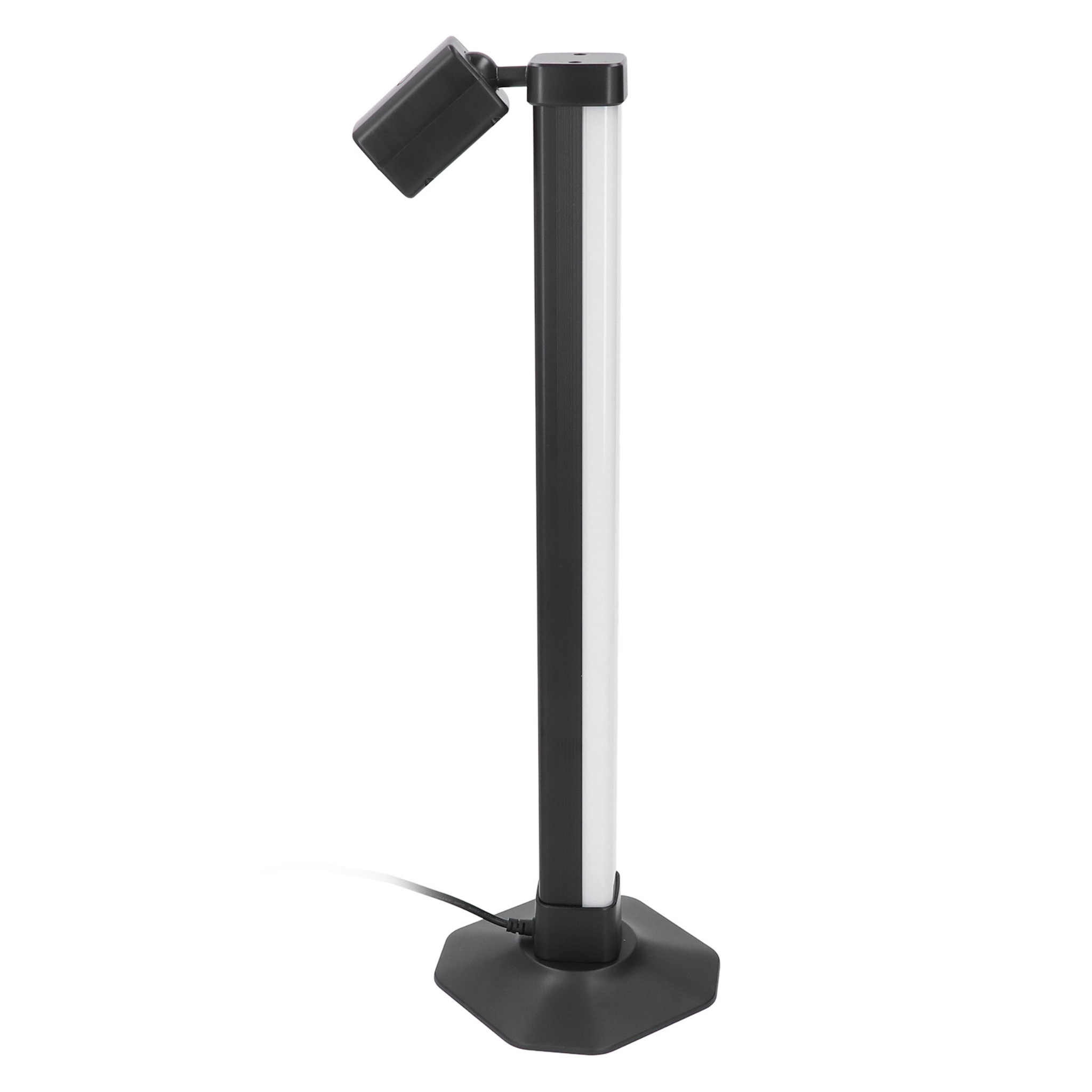 Schwarz-weiße Absperrpfosten mit verstellbarer Lampe oben.