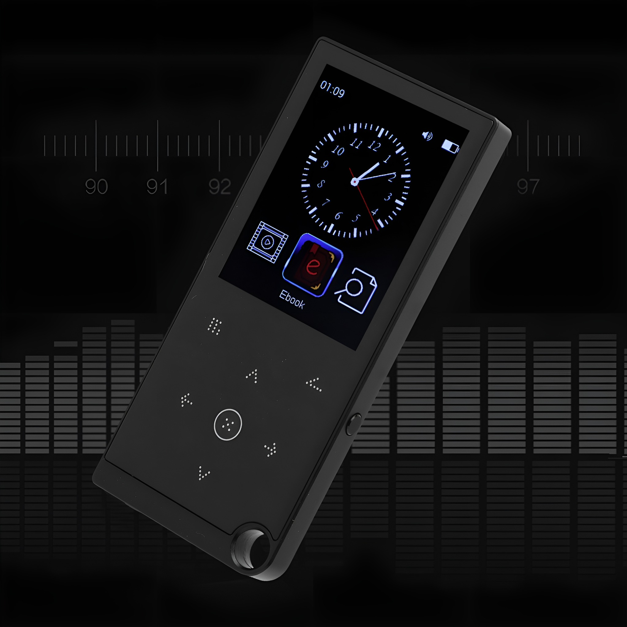 Ein schwarzer MP3-Player mit einem Bildschirm, der eine Uhr und Medien-Symbole anzeigt.