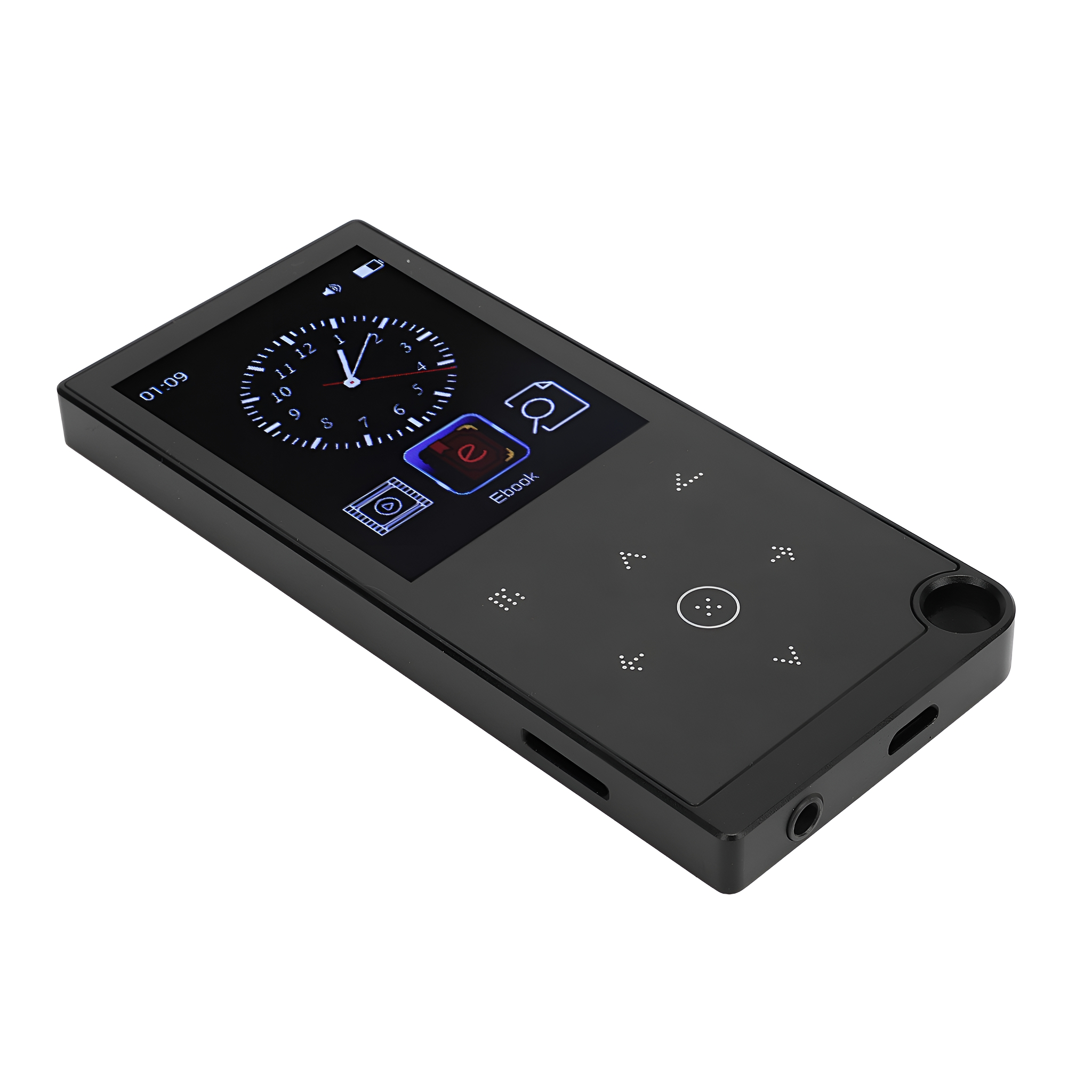 Schwarzer MP4-Player. Er hat einen Bildschirm mit Uhr und Symbolen. Er hat Tasten an der Seite und unten.