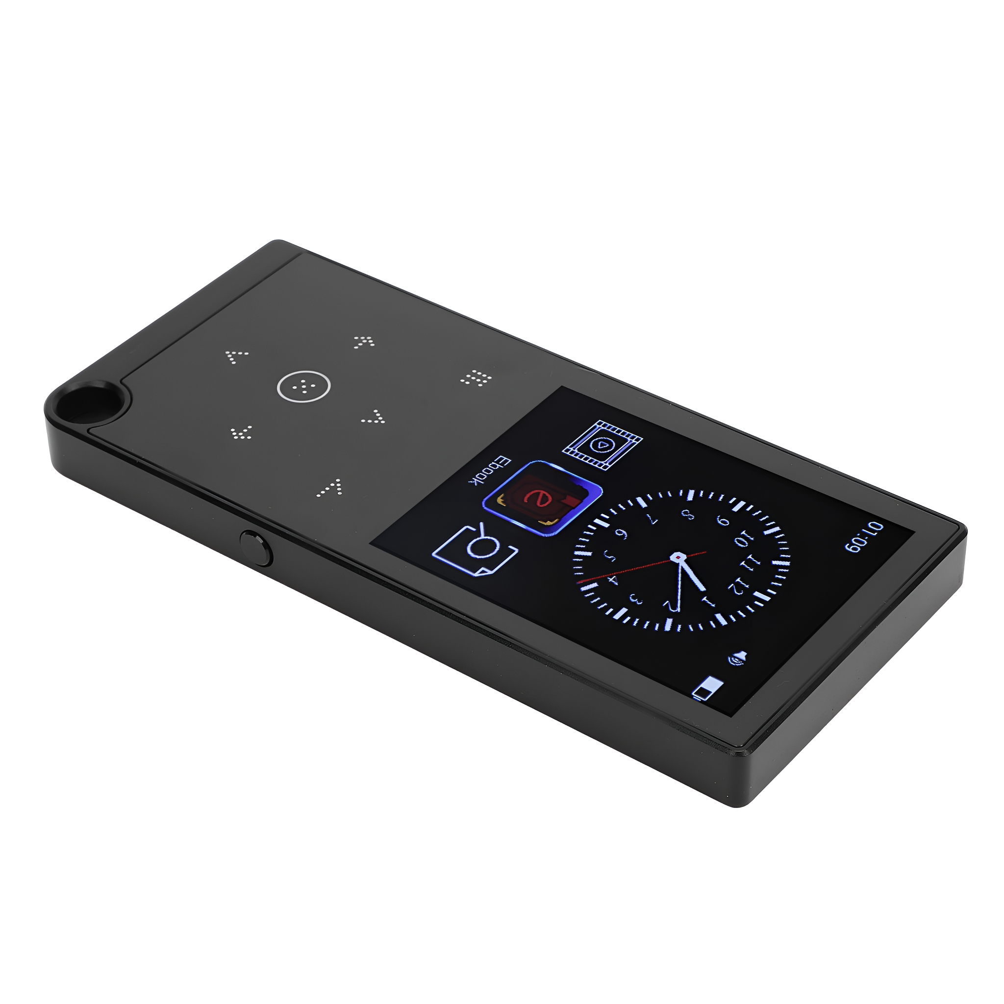 Schwarzer MP3-Player mit Benutzeroberfläche, Knöpfe sichtbar.