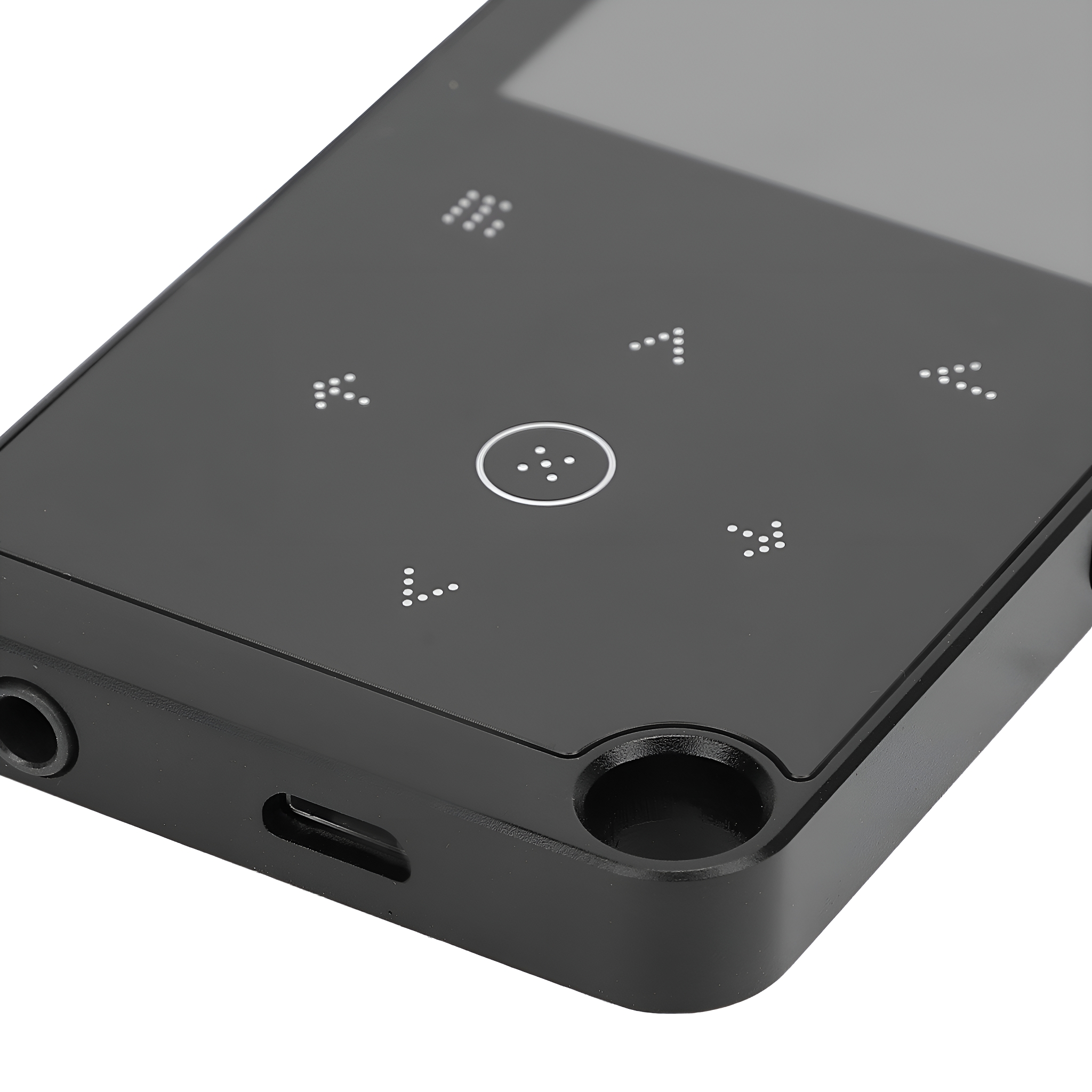Schwarzer MP3-Player mit Knöpfen. Der Player hat einen Bildschirm und zwei Kopfhöreranschlüsse.