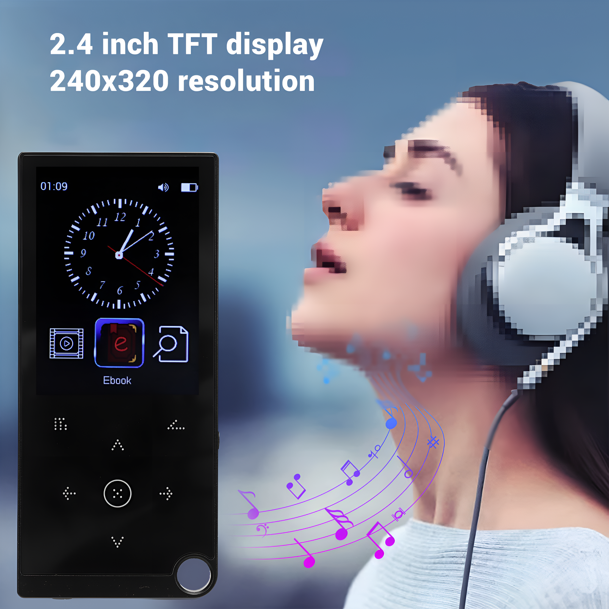 Ein schwarzer MP3-Player mit einem Bildschirm, der eine Uhr und Noten anzeigt.