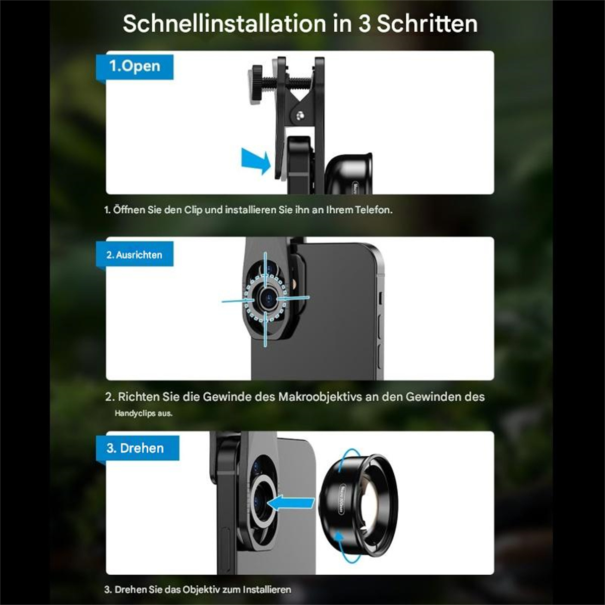 Schritte zur Installation einer Telefonlinse. Clip, Telefon und Linse werden in verschiedenen Schritten gezeigt.