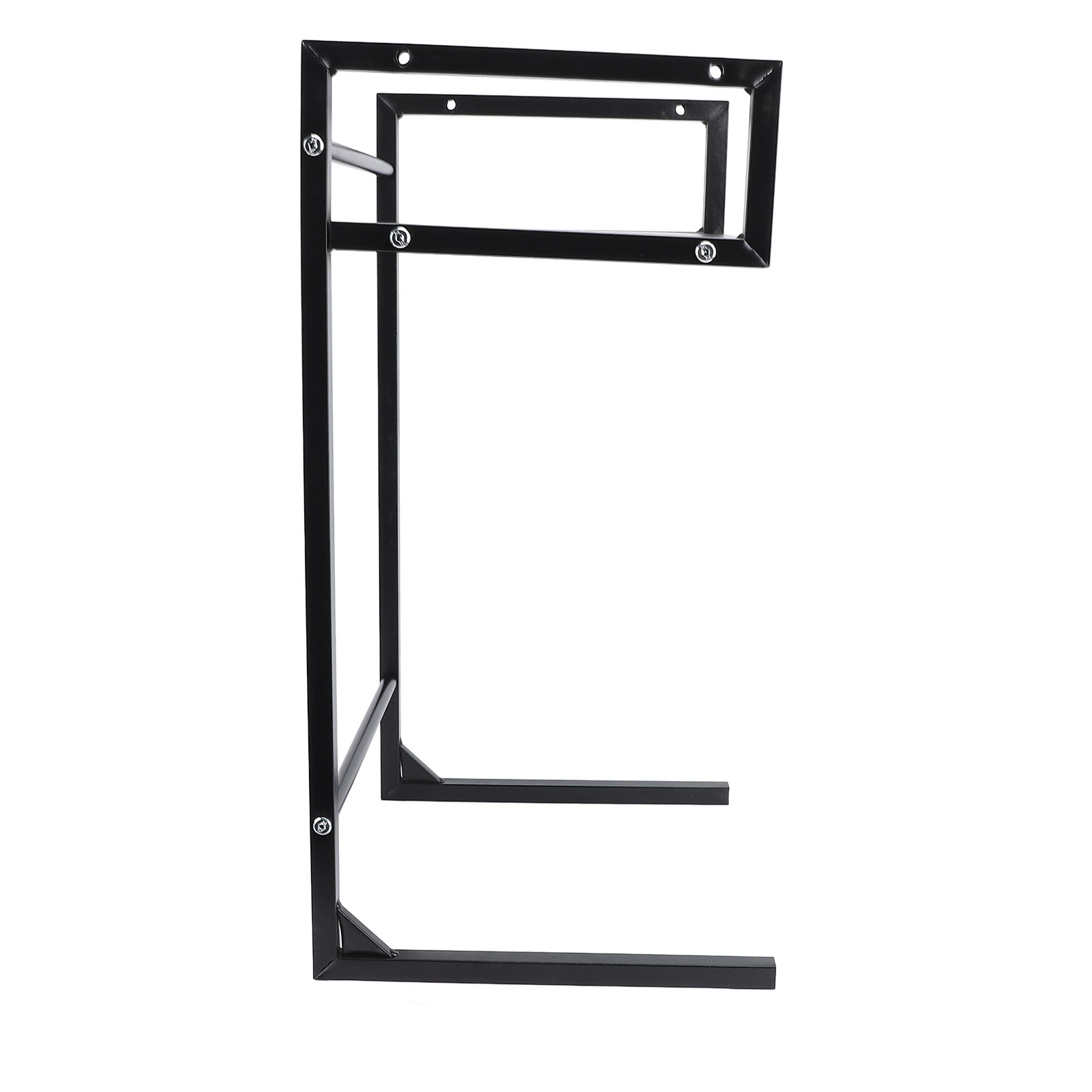 Ein schwarzes Metall-Gewichtsregal. Es ist ein einfaches, abgewinkeltes Design zur Aufbewahrung von Gewichten.