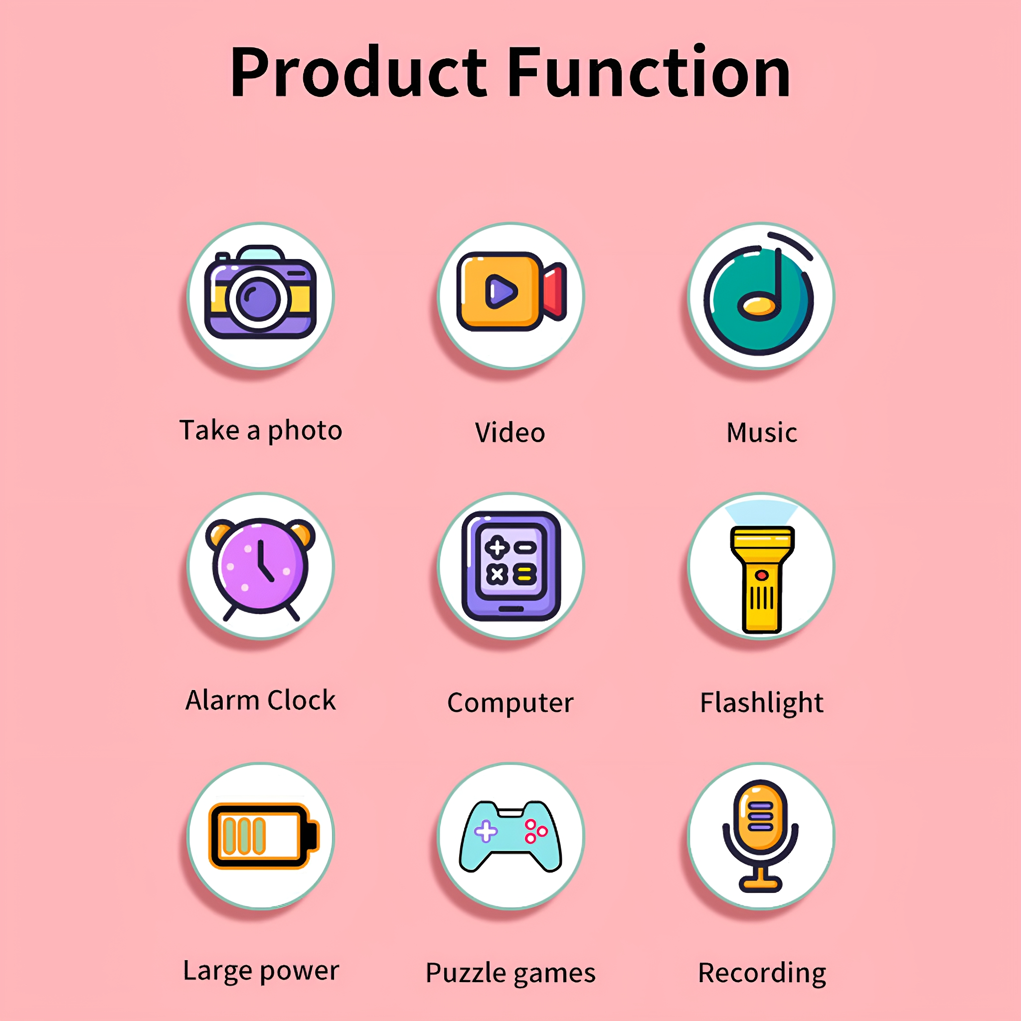 Neun Symbole für Produktfunktionen, darunter Fotos, Video, Musik, Wecker und Spiele.
