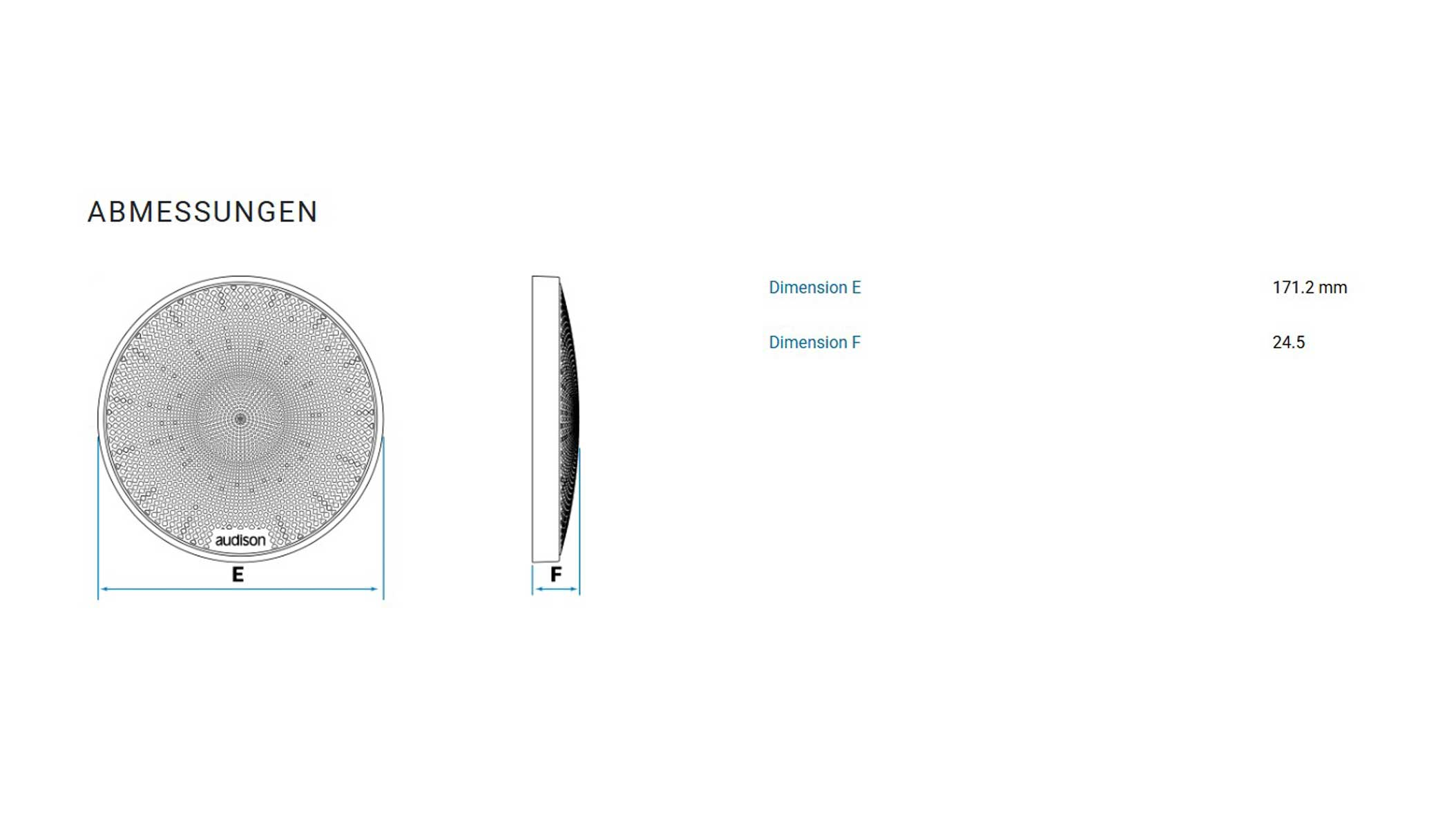 Diagramm eines kreisförmigen Lautsprechers mit beschrifteten Abmessungen.
