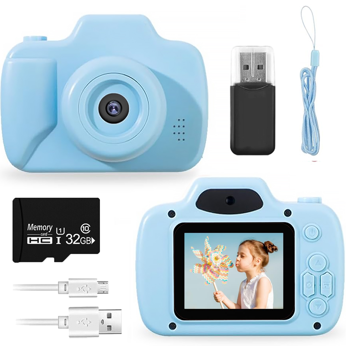 Fotocamera giocattolo blu con accessori. Bambino con girandola.