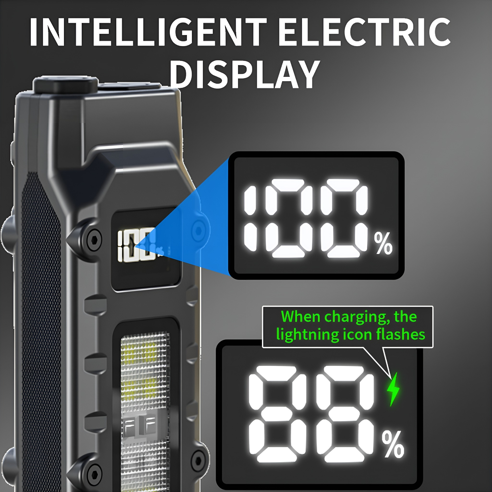 Eine schwarze Taschenlampe mit prozentualer Anzeige. Sie zeigt 100 % und lädt.