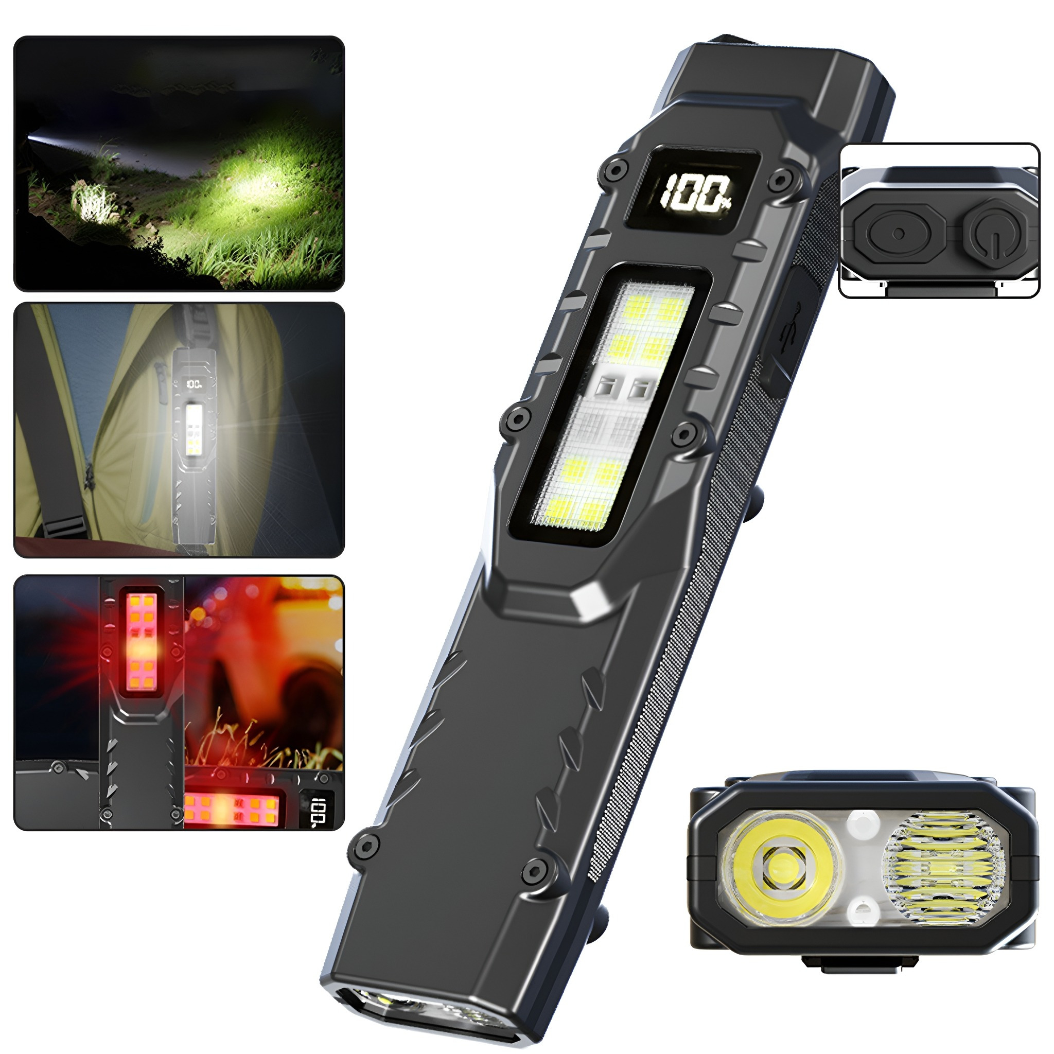 Schwarzes Arbeitslicht mit mehreren Lichteinstellungen und digitaler Anzeige, weißer Hintergrund.
