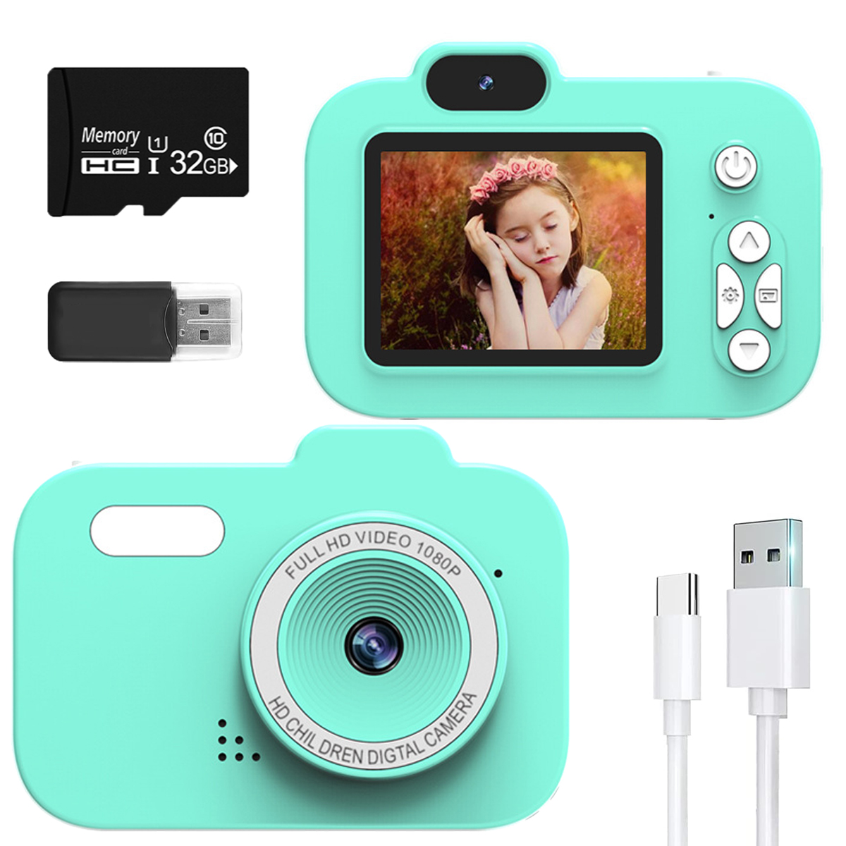 Fotocamera digitale verde acqua con schermo che mostra una foto di una ragazza. Accessori: scheda e cavo.